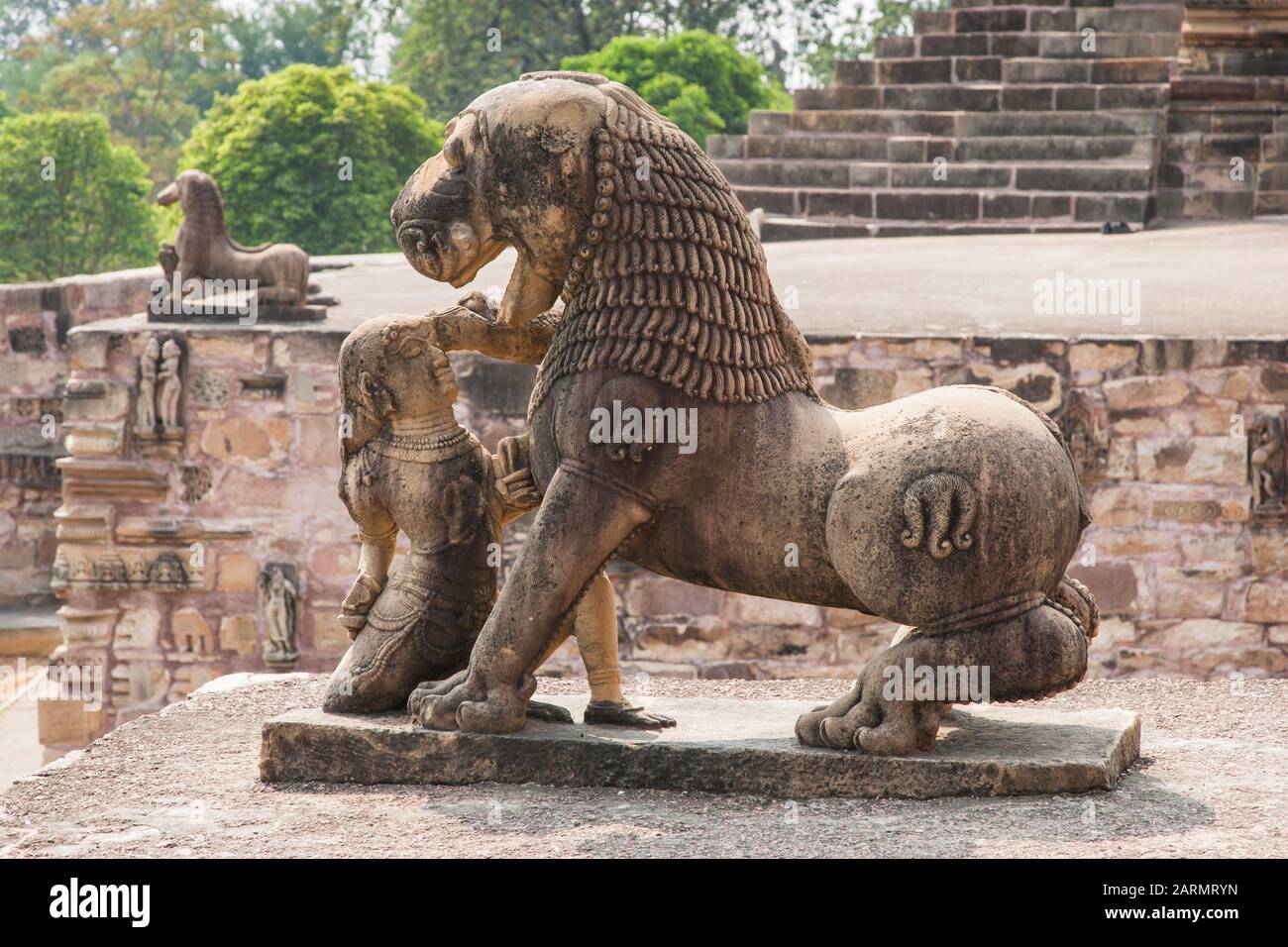 Lion statues, Devi Jagadambi Temple, Khajuraho Group of Monuments, Madhya Pradesh, India, South Asia, Asia Stock Photo