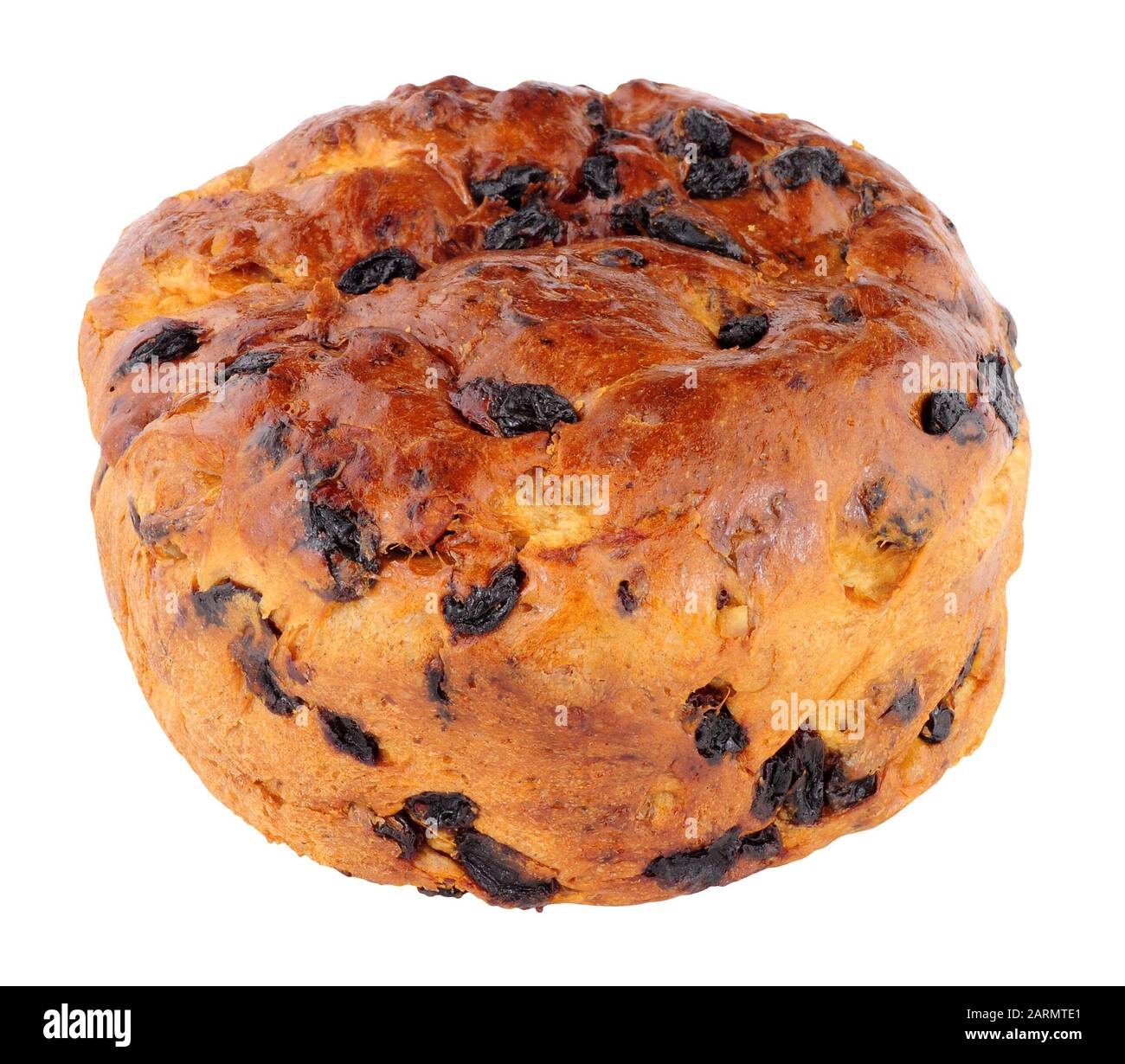 Traditional Irish Barmbrack sweet fruit bread loaf isolated on a white