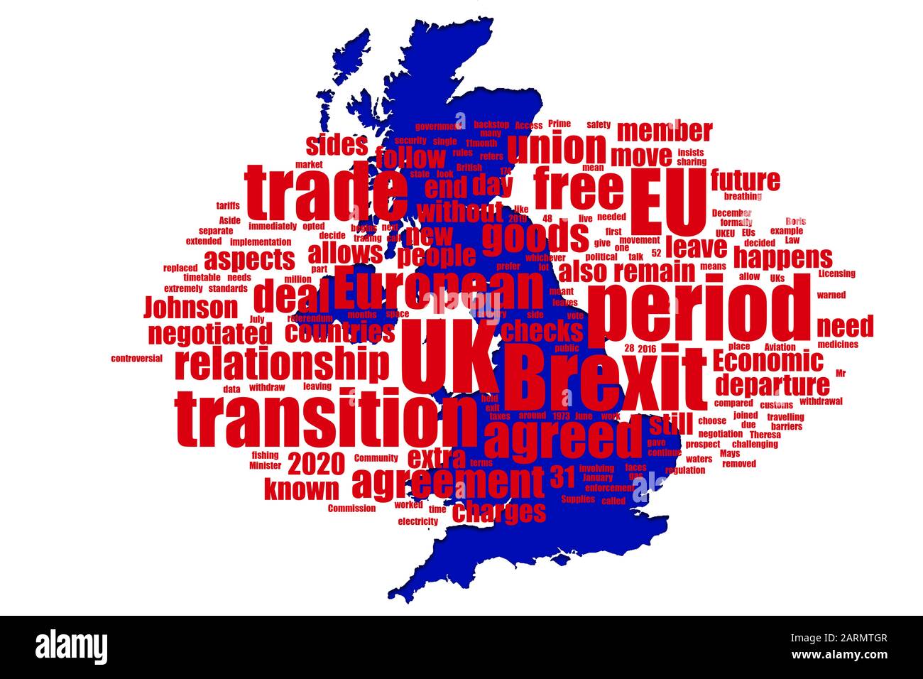UK Brexit concept in word tag cloud on blue british map on white background. Words in red. Stock Photo
