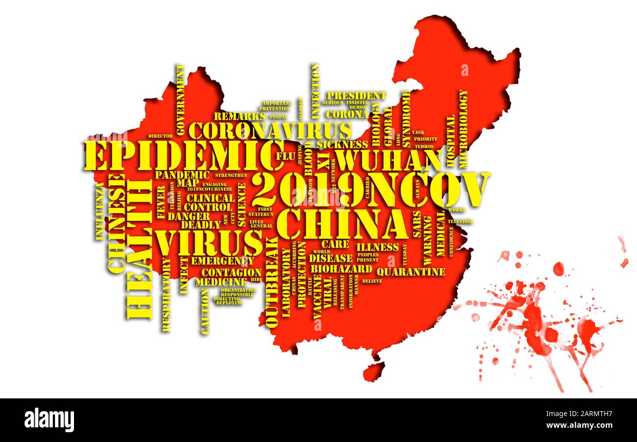 Wuhan coronavirus pandemic concept in word tag cloud on China map with blood red splashes on white background. Coronavirus 2019-nCoV outbreak. Stock Photo