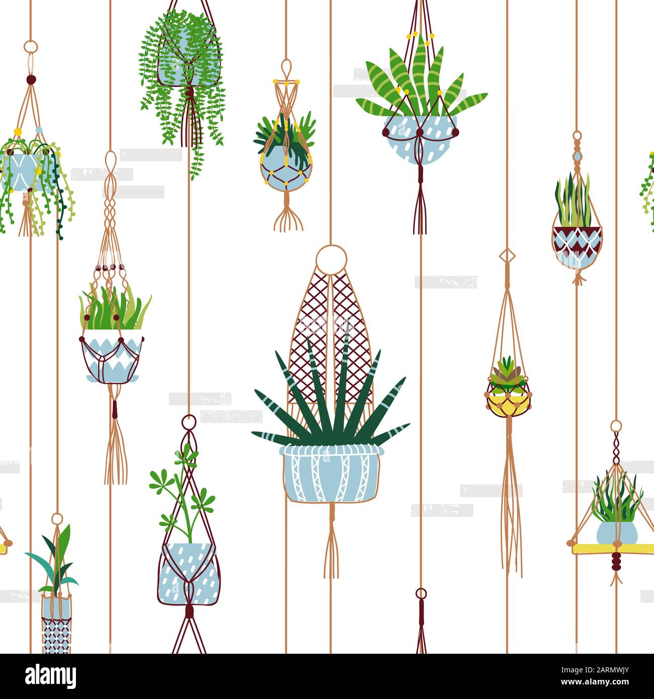 Green house plant seamless pattern of modern macrame potted plants flat cartoon and succulent cactus hanging on isolated white background wall. Stock Vector