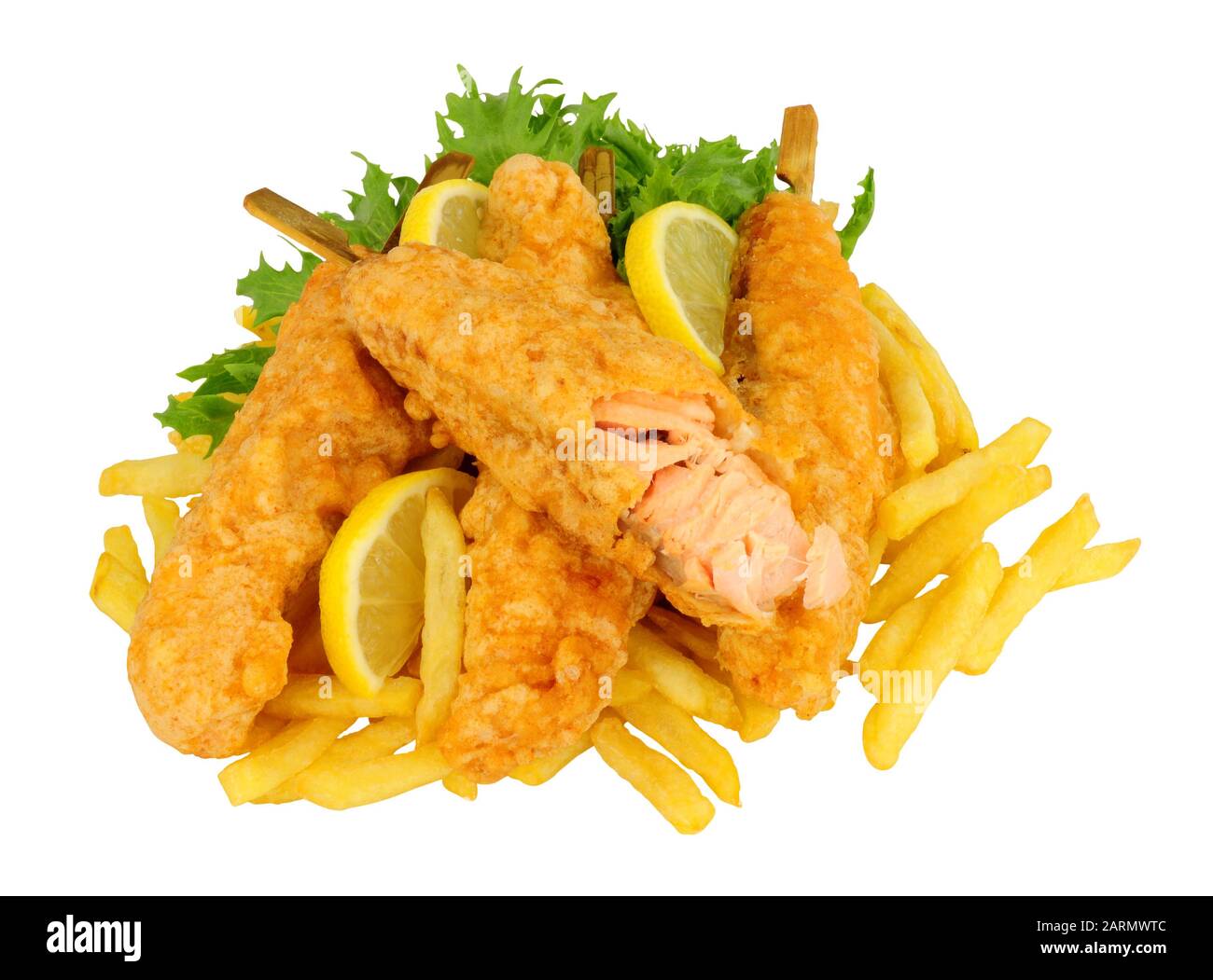 Battered salmon fish fillets on wooden skewers with French Fries isolated on a white background Stock Photo