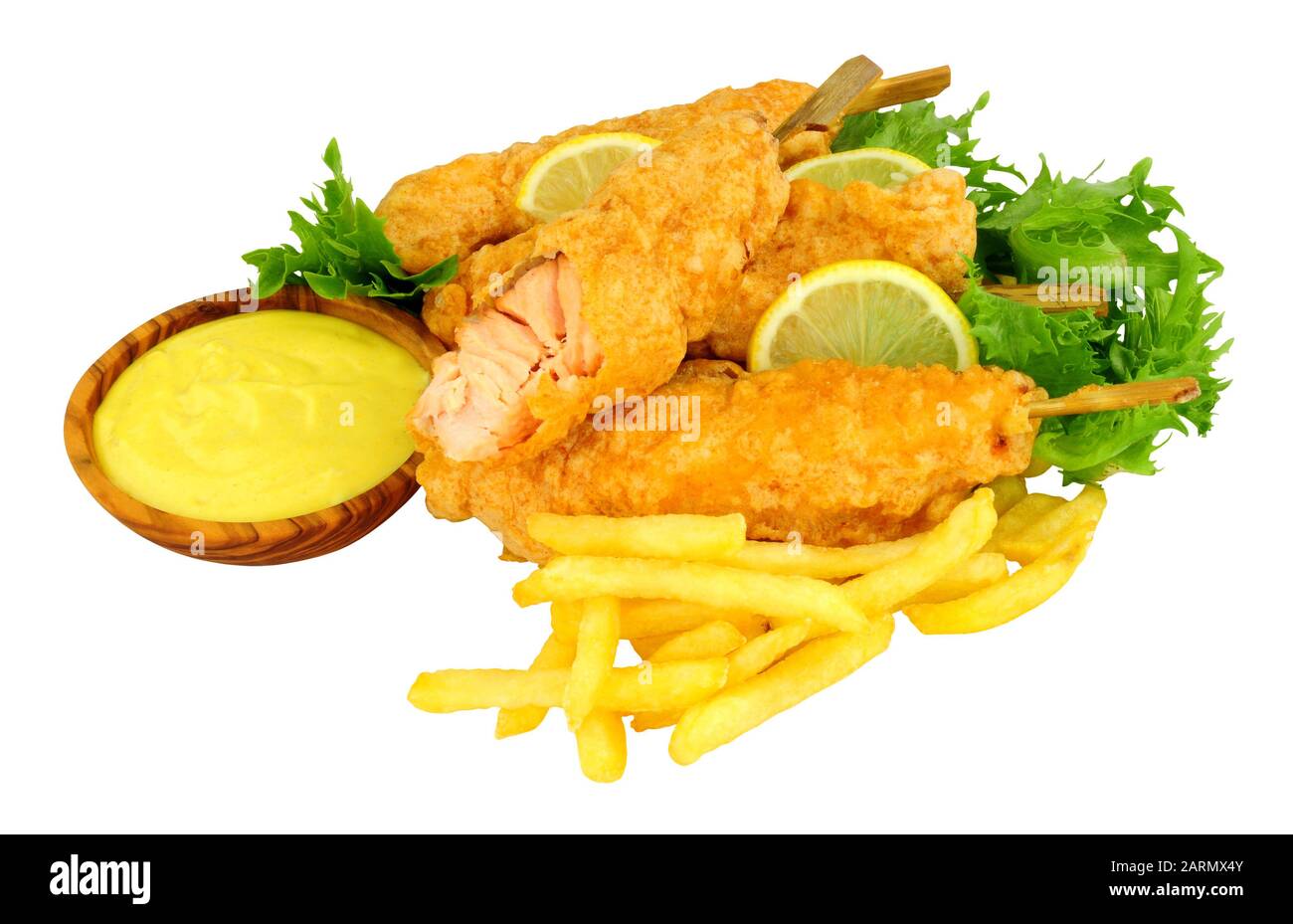 Battered salmon fish fillets on wooden skewers with French Fries isolated on a white background Stock Photo
