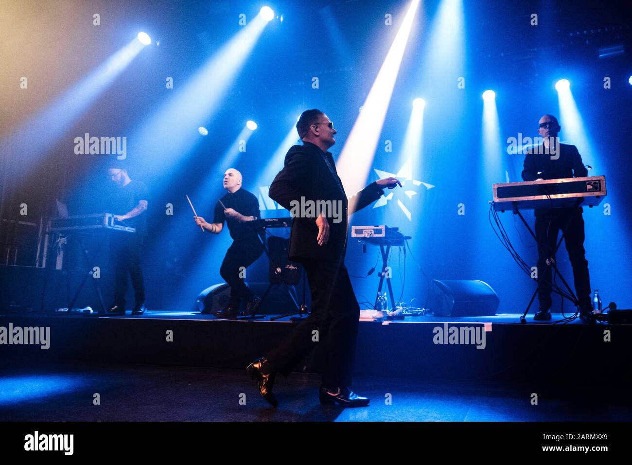 Copenhagen, Denmark. 28th Jan, 2020. The British EBM group Nitzer Ebb  performs a live concert at VEGA in Copenhagen. Here singer Douglas McCarthy  is seen live on stage. (Photo Credit: Gonzales Photo/Flemming
