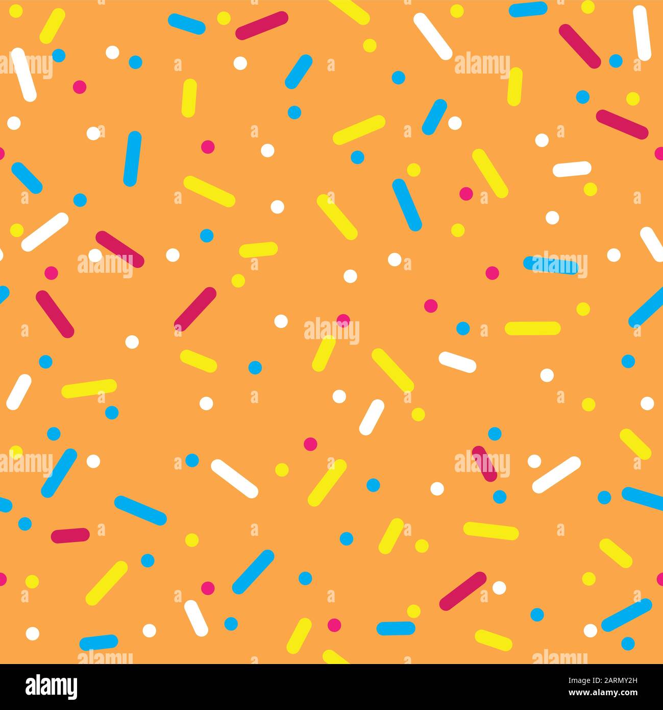 Donut glaze seamless pattern. Cream texture with topping of colorful sprinkles and beads on orange background. Food bakery decoration. Vector eps8 ill Stock Vector