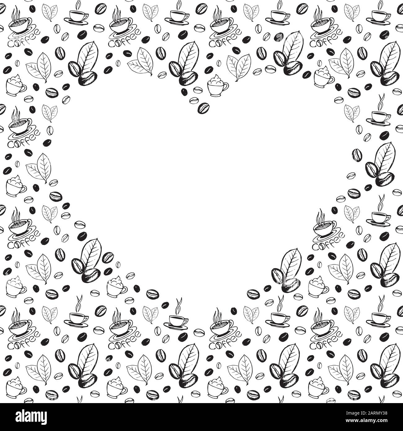 Coffee doodles background with blank heart shape inside. Hand drawn sketchy symbols pattern. Vector eps8 illustration. Stock Vector