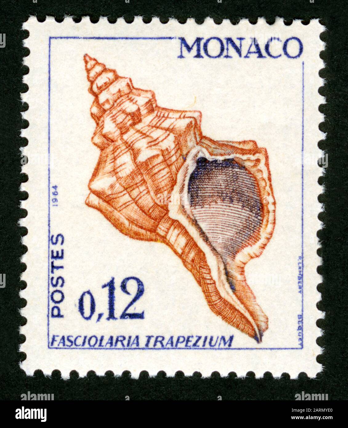 Stamp print in Monaco,Fasciolaria trapezium,shell, clam Stock Photo
