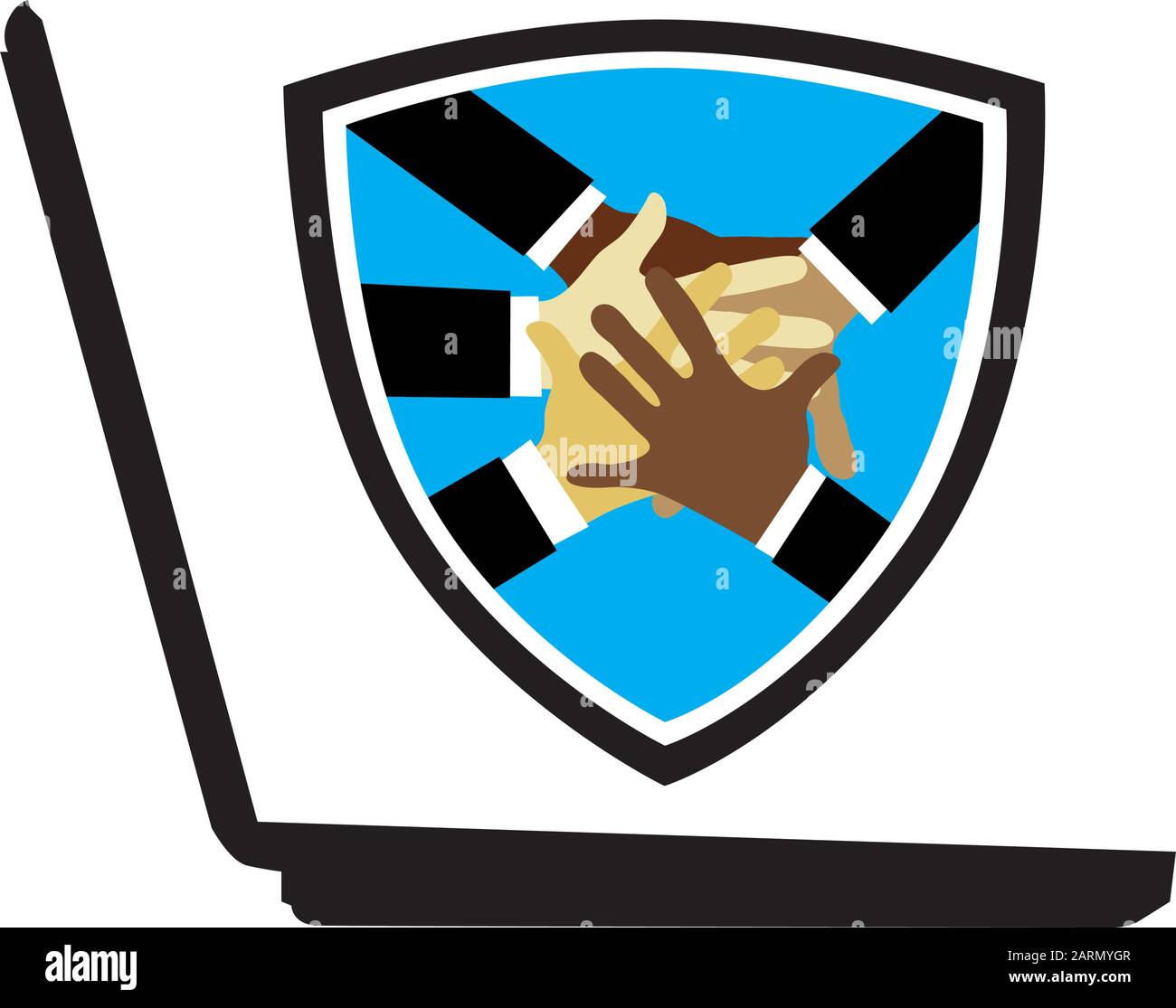 shield with business people hands and laptop Stock Vector