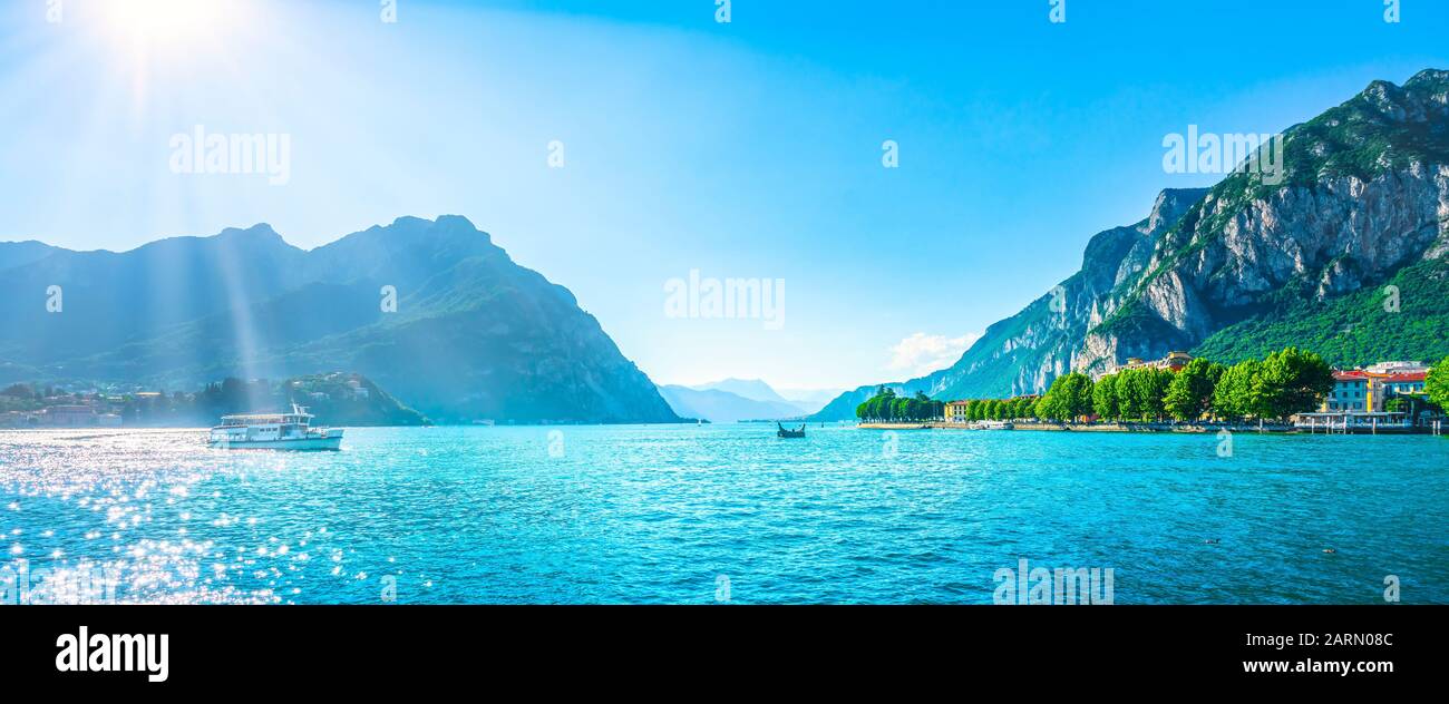 Lecco town in Como lake district and ferry boat. Italian travel destinatio. Italy, Europe. Stock Photo