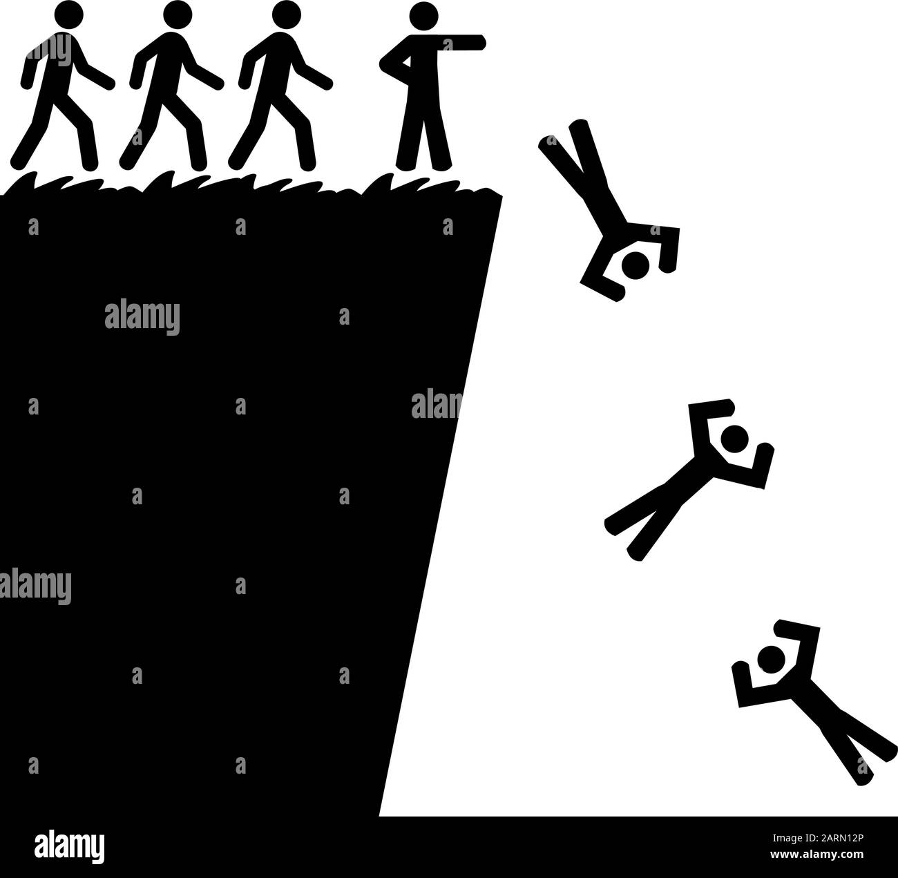 Concept illustration showing a person telling others to jump off a cliff Stock Vector