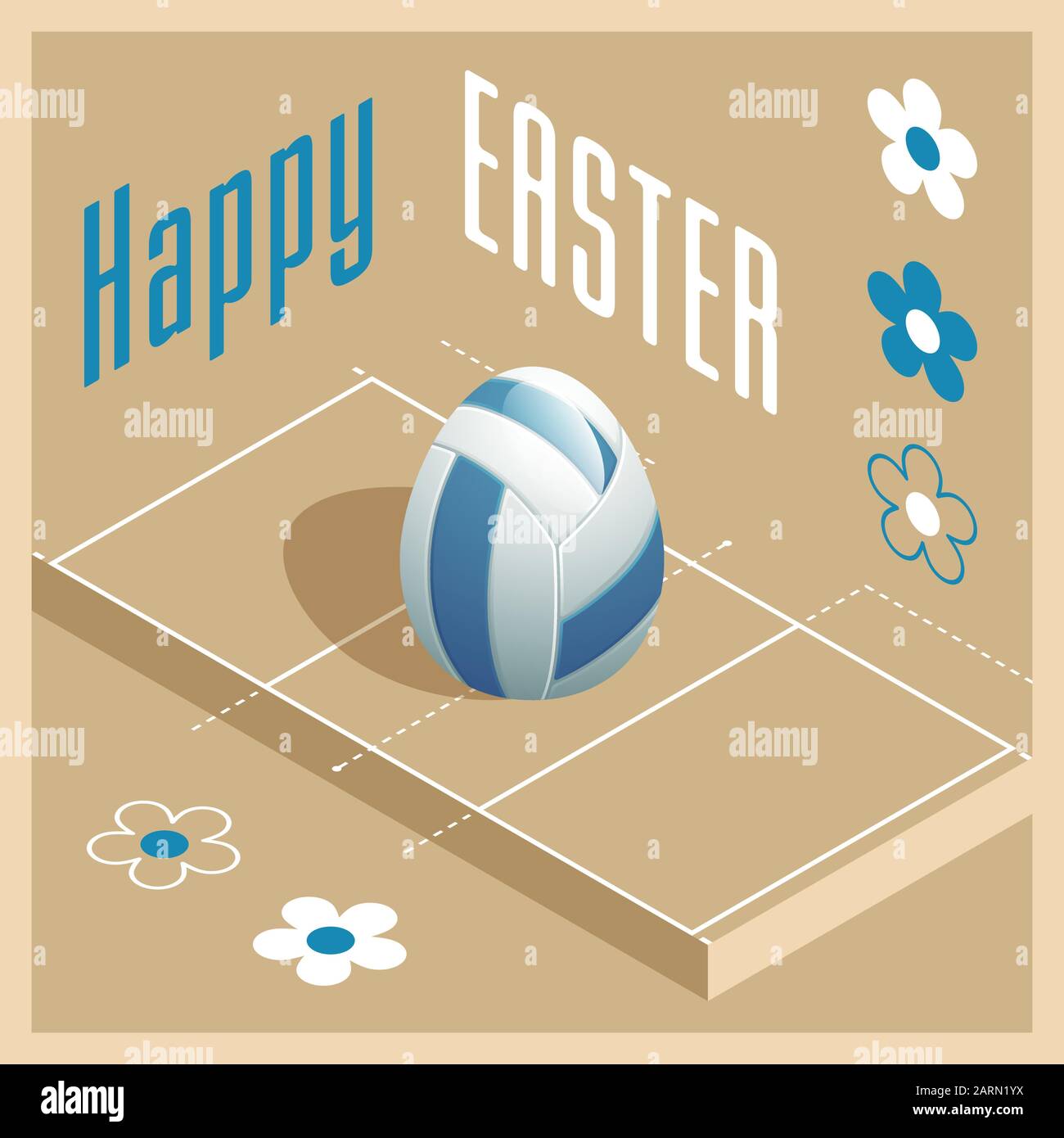 Happy Easter. Greeting card with 3D Easter egg as a volleyball ball and