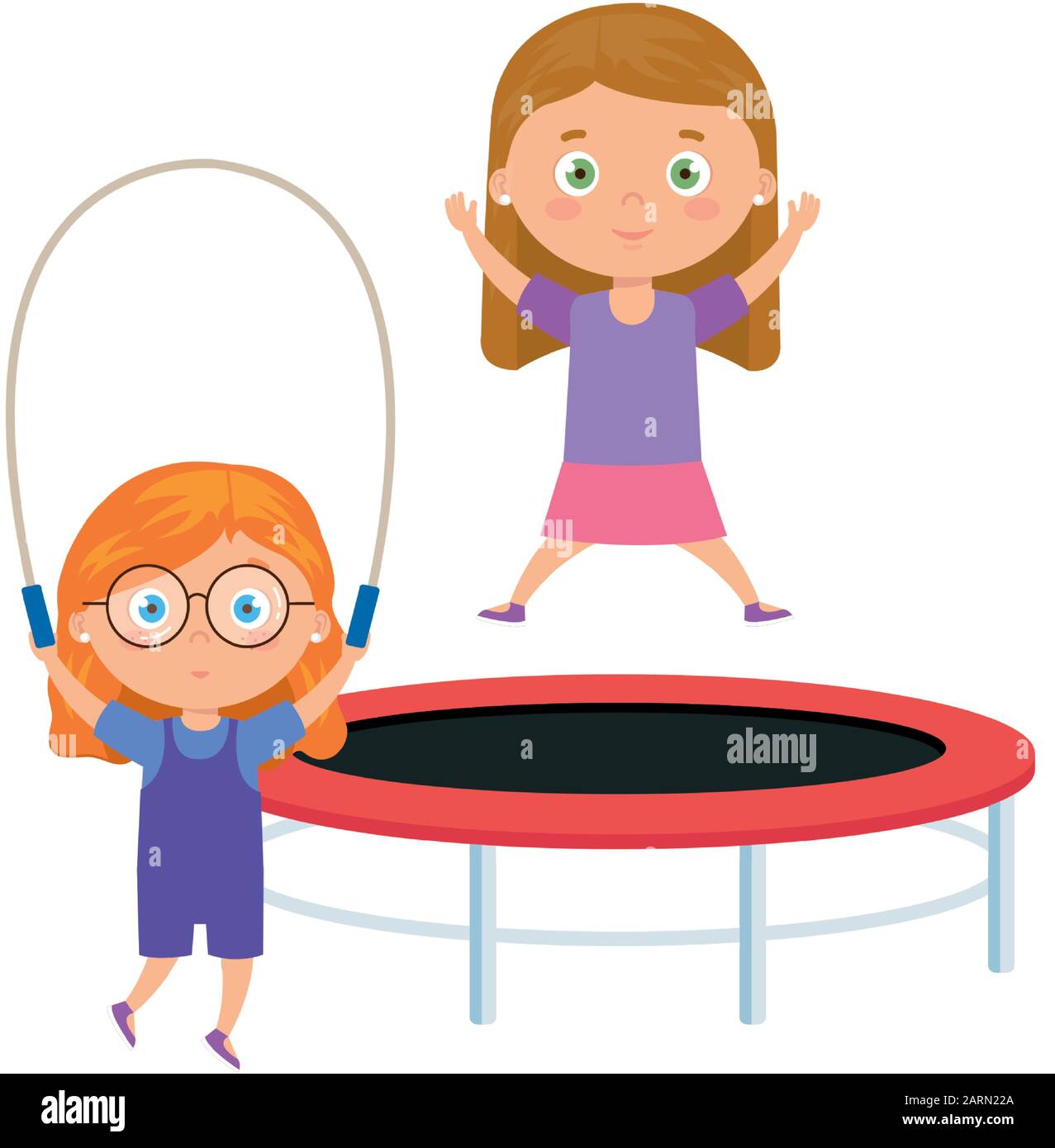 cute little girls with trampoline jump and rope jump Stock Vector Image