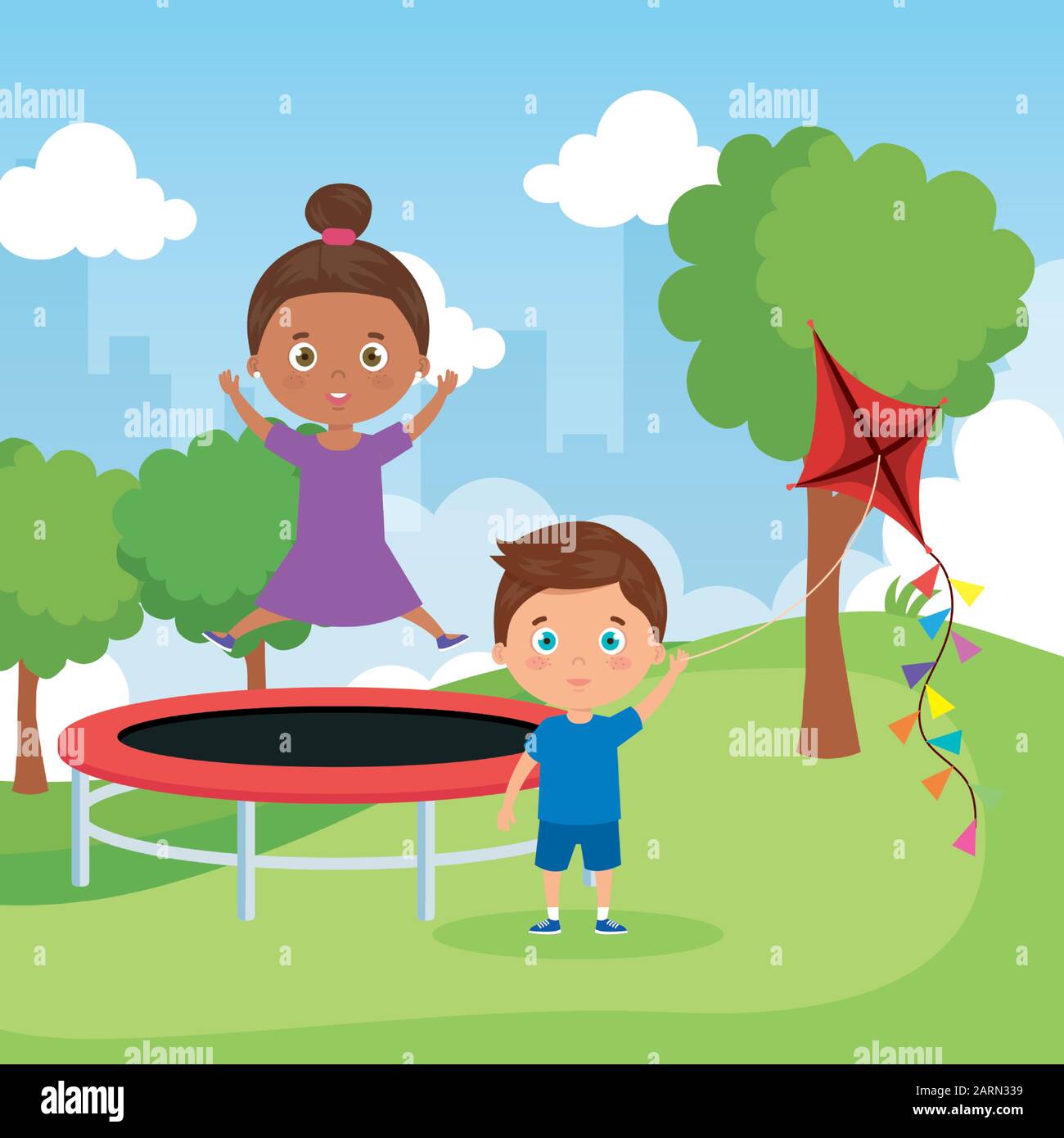 little children in park landscape with trampoline jumping and kite Stock  Vector Image & Art - Alamy