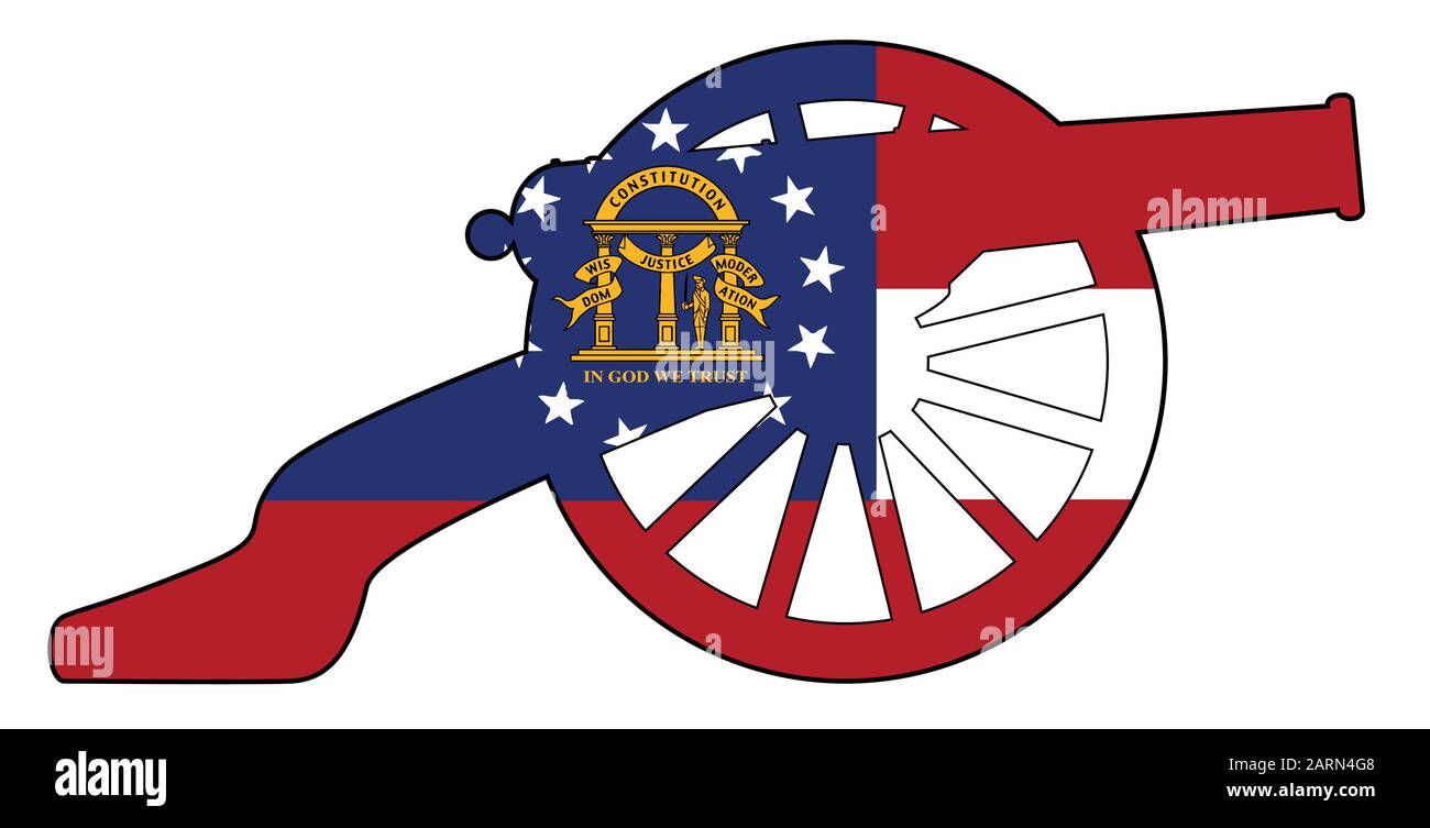 Typical American civil war cannon gun with Georgia state flag isolated on a white background Stock Vector