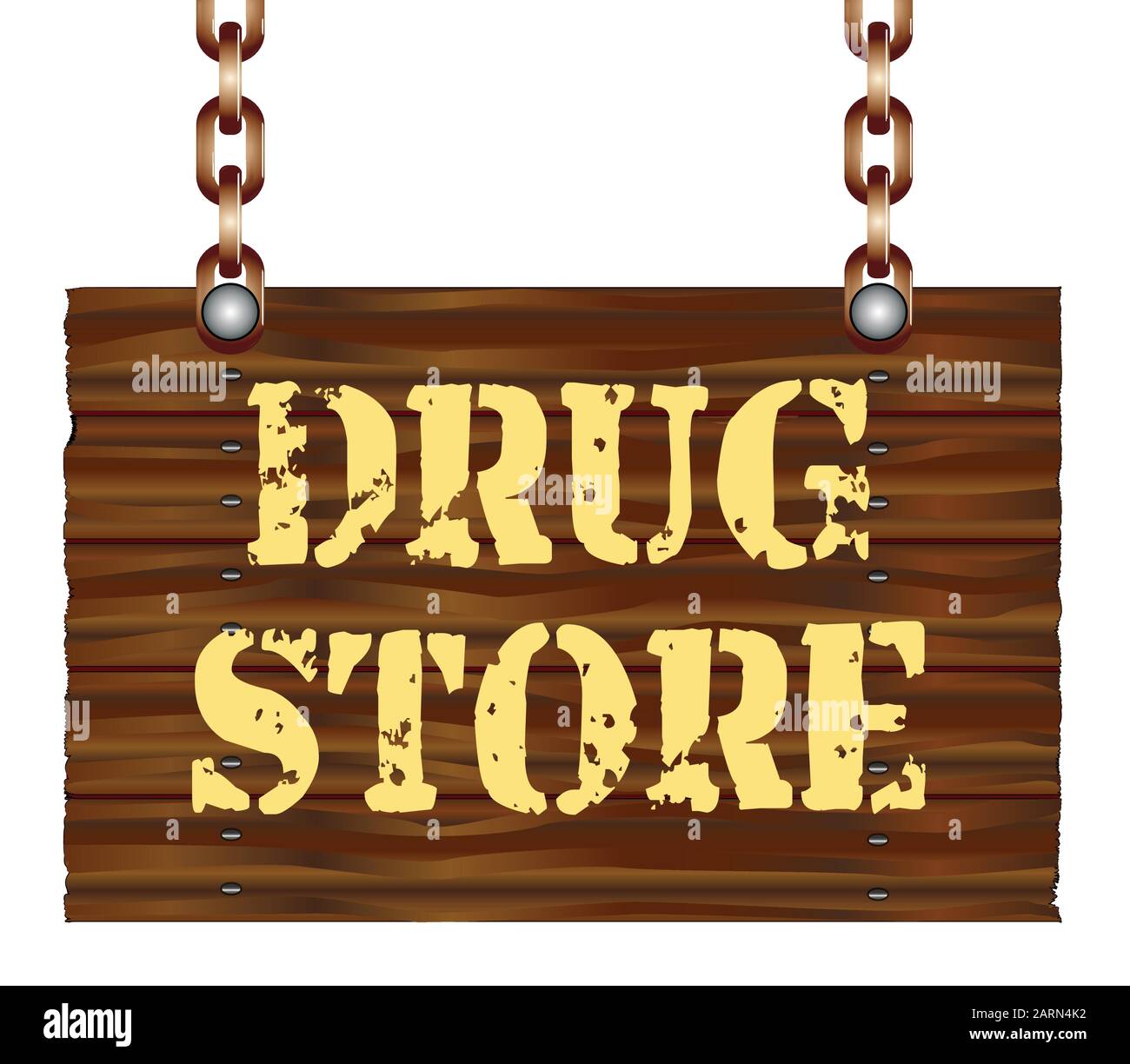 A hanging wooden drug store sign isolated against a white background. Stock Vector