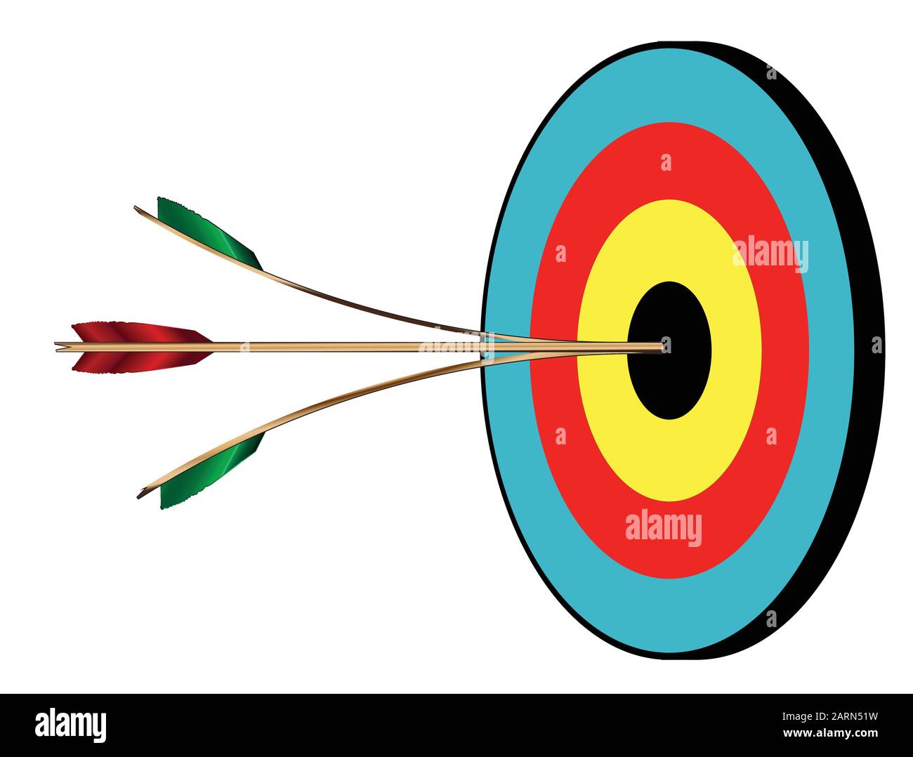 The target for a bow and arrow with two perfect bulls and a splitting arrow Stock Vector