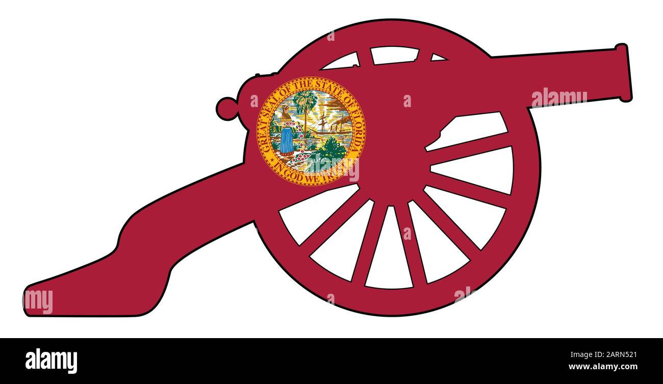 Typical American civil war cannon gun with Florida state flag icon isolated on a white background Stock Vector