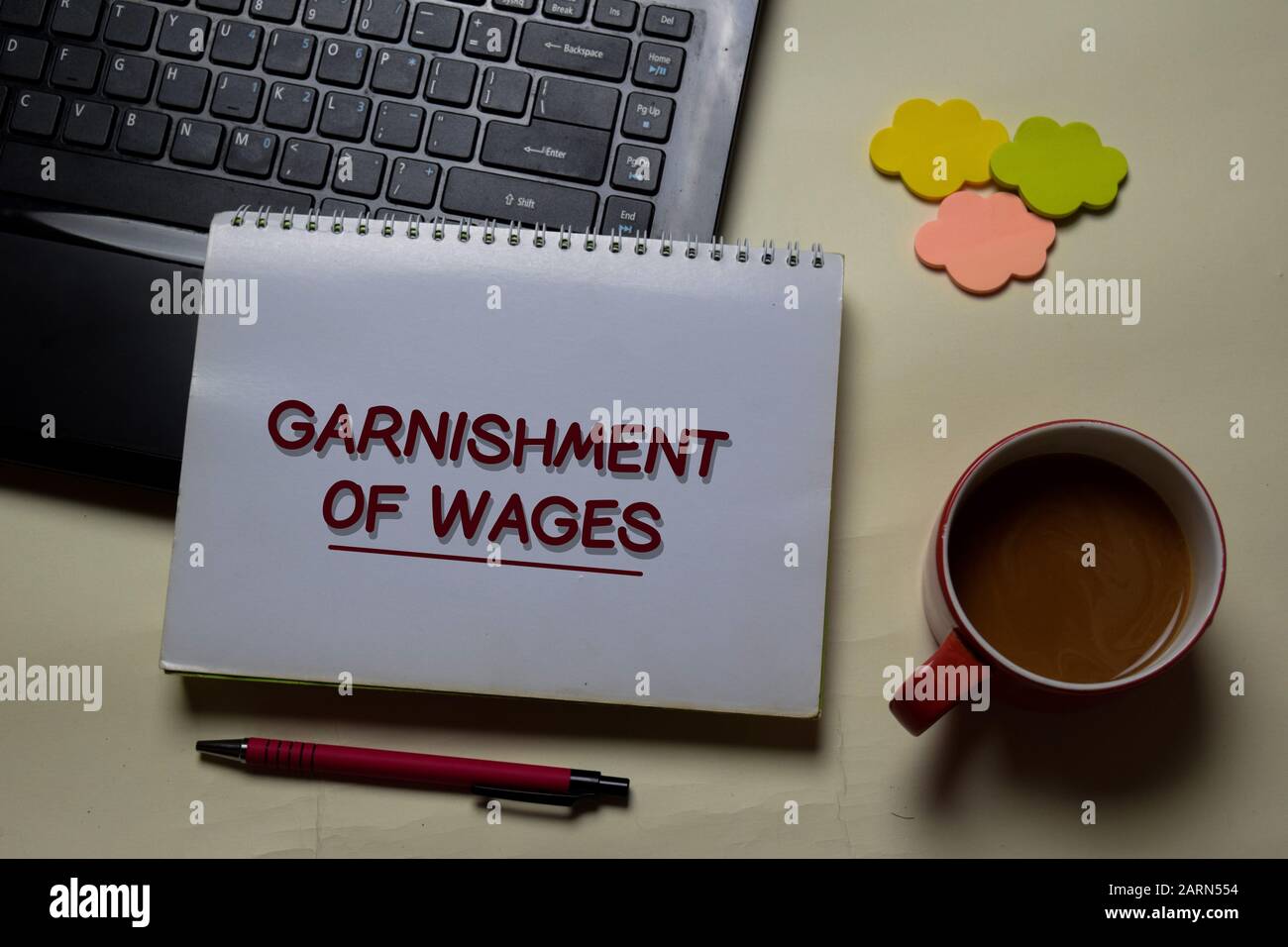 Garnishment of Wages write on a book isolated on office desk Stock