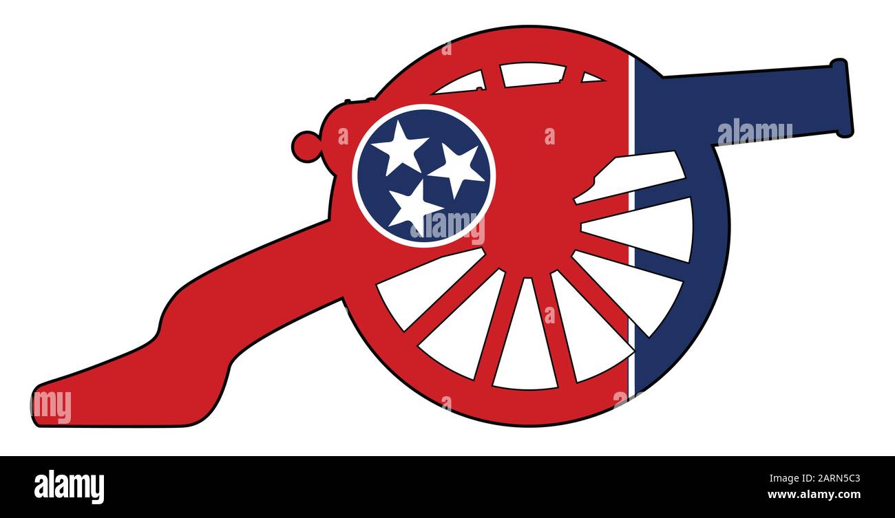 Typical American civil war cannon gun with Tennessee state flag isolated on a white background Stock Vector