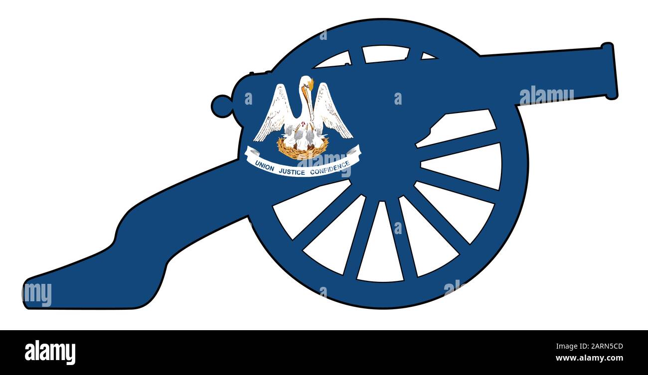 Typical American civil war cannon gun with Louisiana state flag isolated on a white background Stock Vector