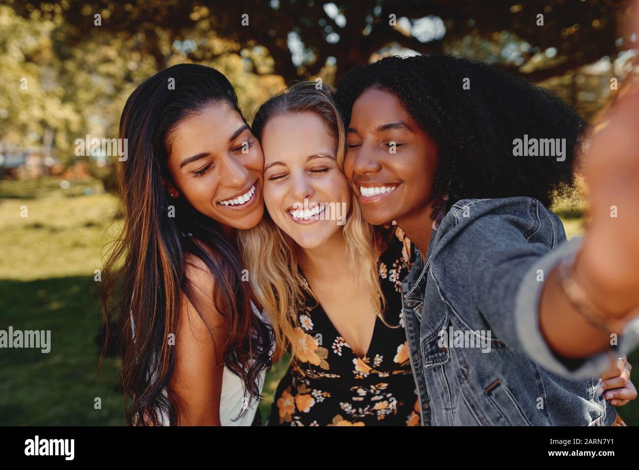 Close Up Portrait Of Smiling Multiracial Millennial Women Laugh Stand 
