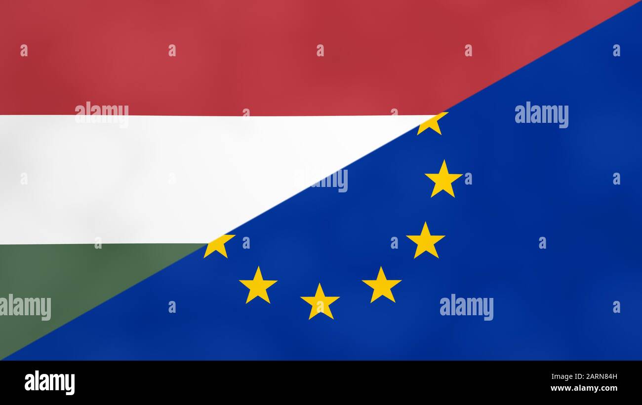 Hungarian and Europe split flag. Brexit concept of Hungary leaving