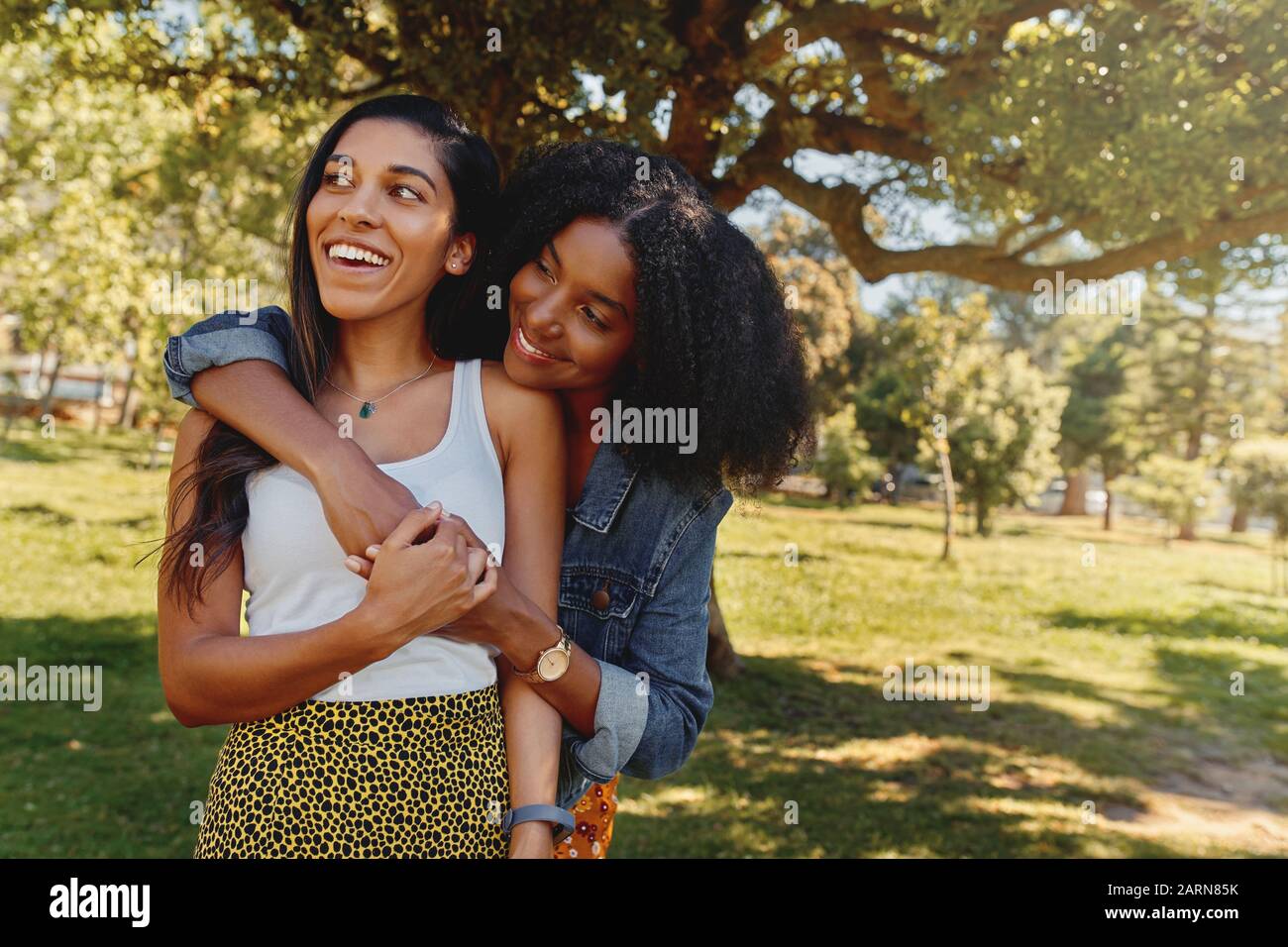 Young african american woman hugging her friend showing love and care in the park - two beautiful women hugging outdoors Stock Photo