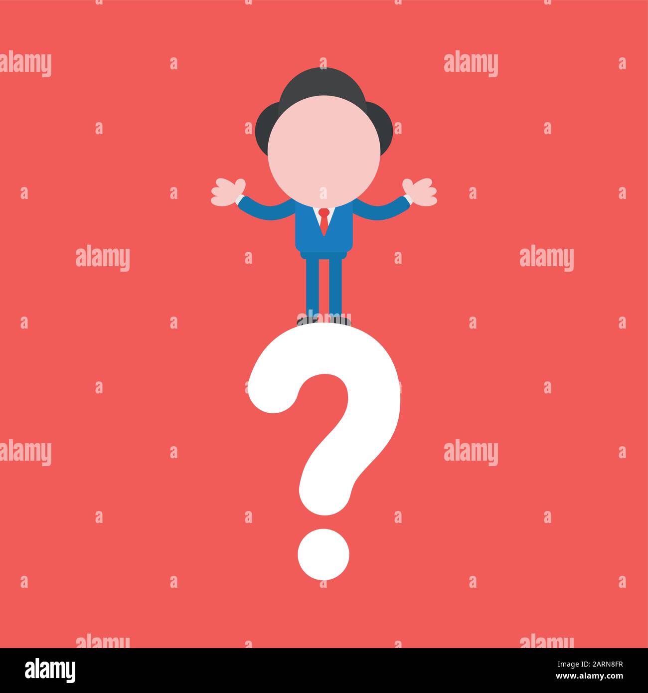 Vector cartoon illustration concept of faceless businessman mascot character on red question mark symbol icon. Stock Vector