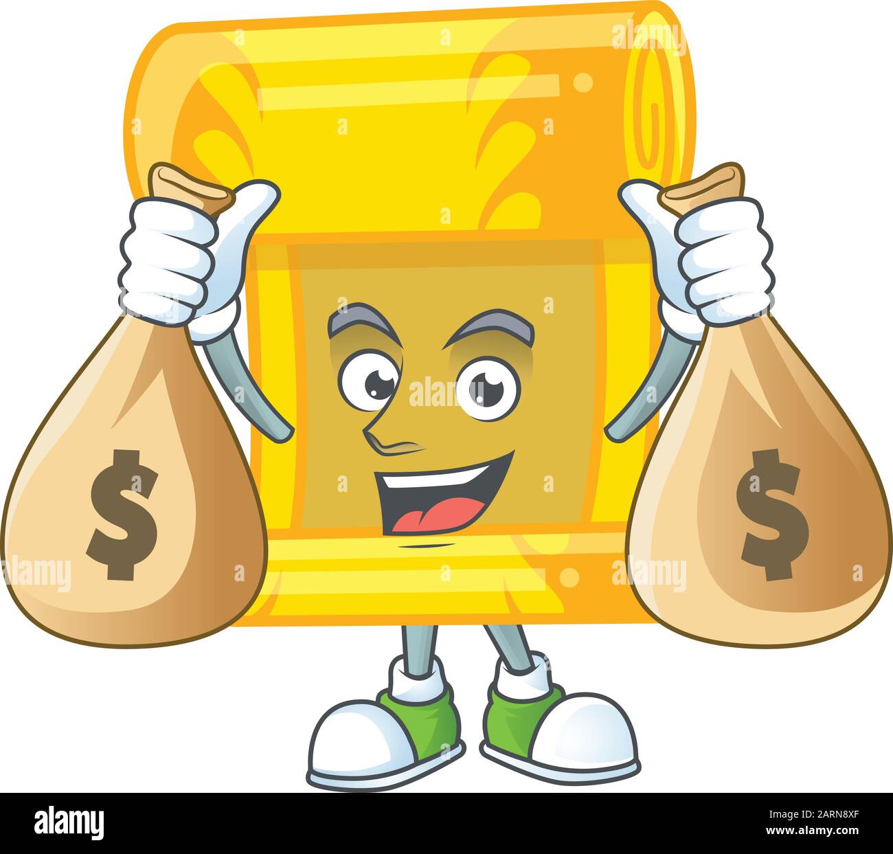 A picture of rich chinese gold scrollcartoon character with two money