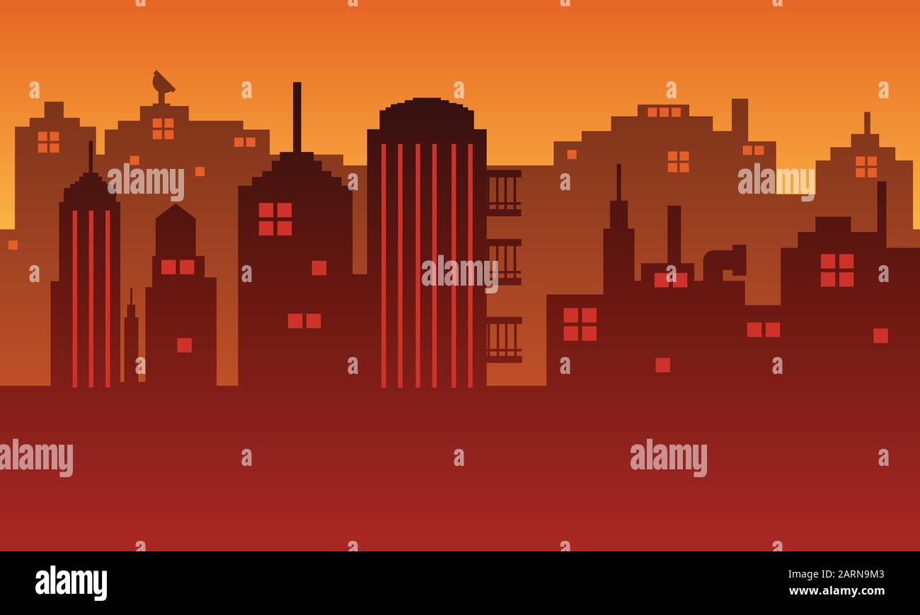 The city silhouette is at dusk with lots of buildings and a smoke Stock ...