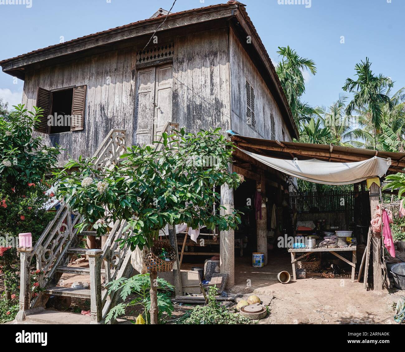 Angkor Ban stilt house. Throughout the reaches of the lower Mekong River, houses on the flood plain are built on stilts. In Stock Photo