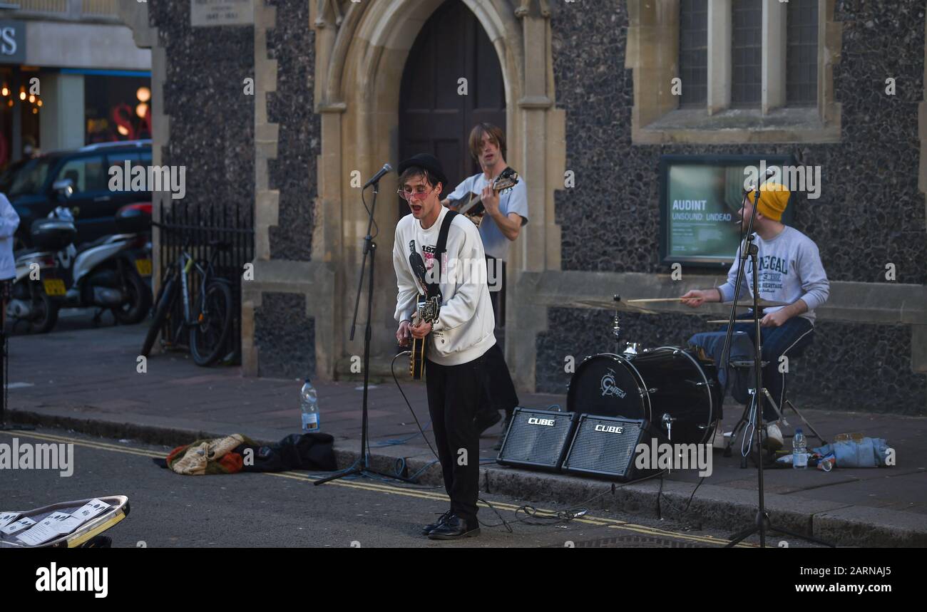 The Big Push band performing in Ship Street Brighton in winter sunshine UK Stock Photo