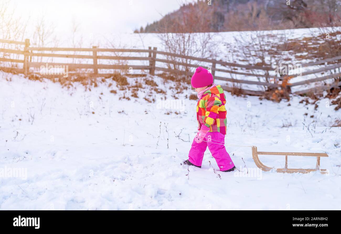 Cute little girl in pink clothes pulls a sleigh in the snow. Concept of ...