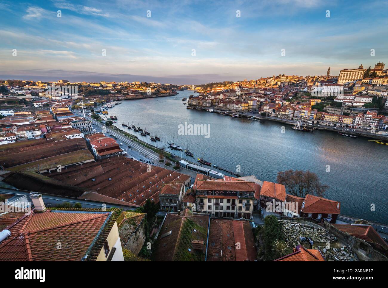 Aerial view from Vila Nova de Gaia city on a Douro River and Porto city, Portugal Stock Photo