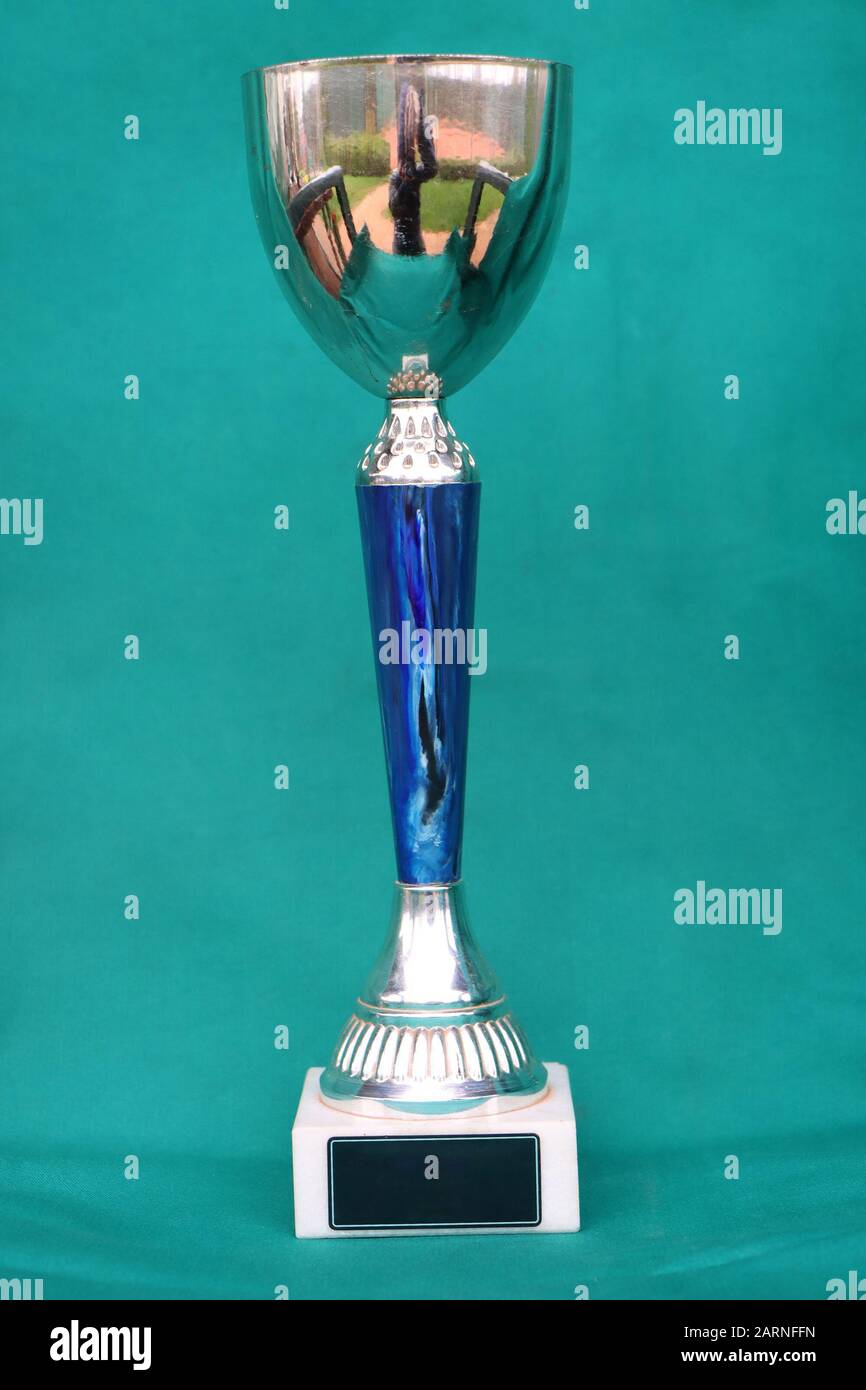 Champion cup with reflection on green background. Stock Photo