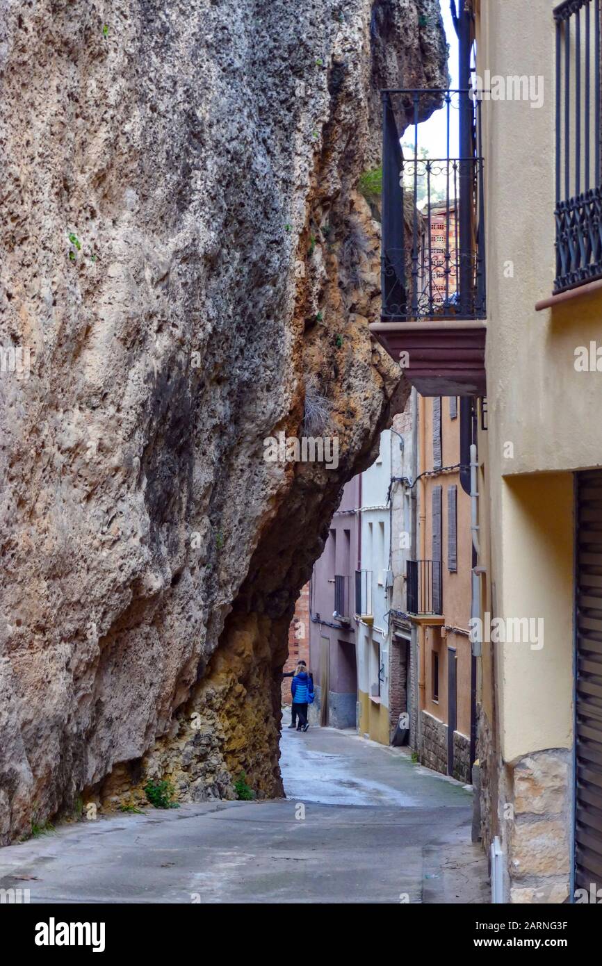 Rocky cliffs inside the town of Margalef in winter, Lleida, Catalunya, Spain Stock Photo
