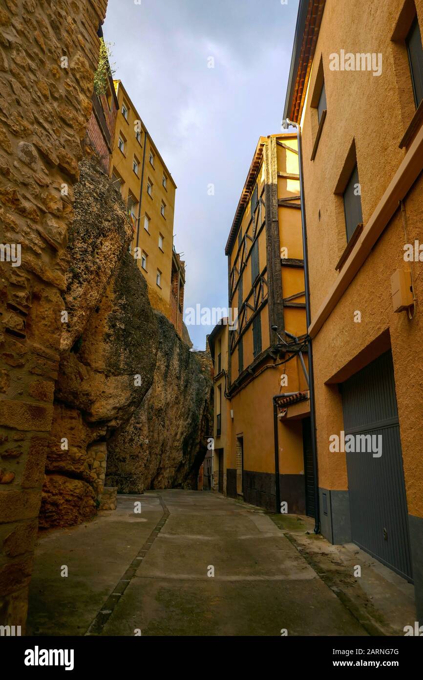 Rocky cliffs inside the town of Margalef in winter, Lleida, Catalunya, Spain Stock Photo