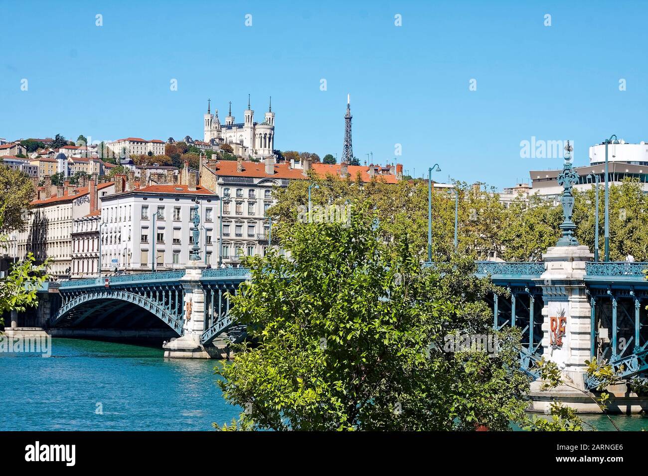 cityscape, old bridge, buildings on hill, Basilica of Notre Dame de Fourviere, 1884, Catholic church, religious building, Metallic Tower of Fourviere, Stock Photo