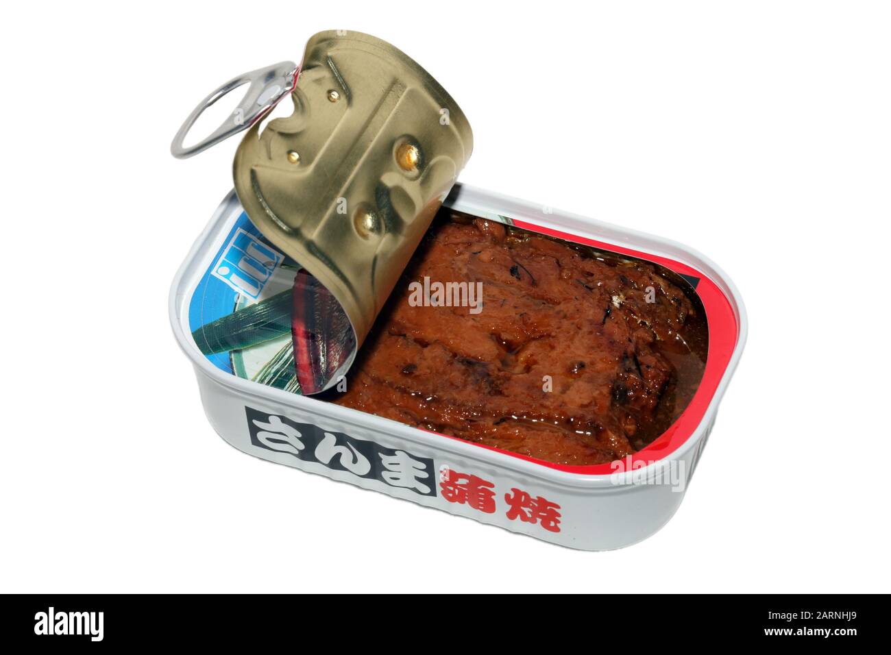 An opened can of ICC brand Sanma Kabayaki baked and seasoned saury (Cololabis saira) isolated on a white background. cutout image for editorial use. Stock Photo