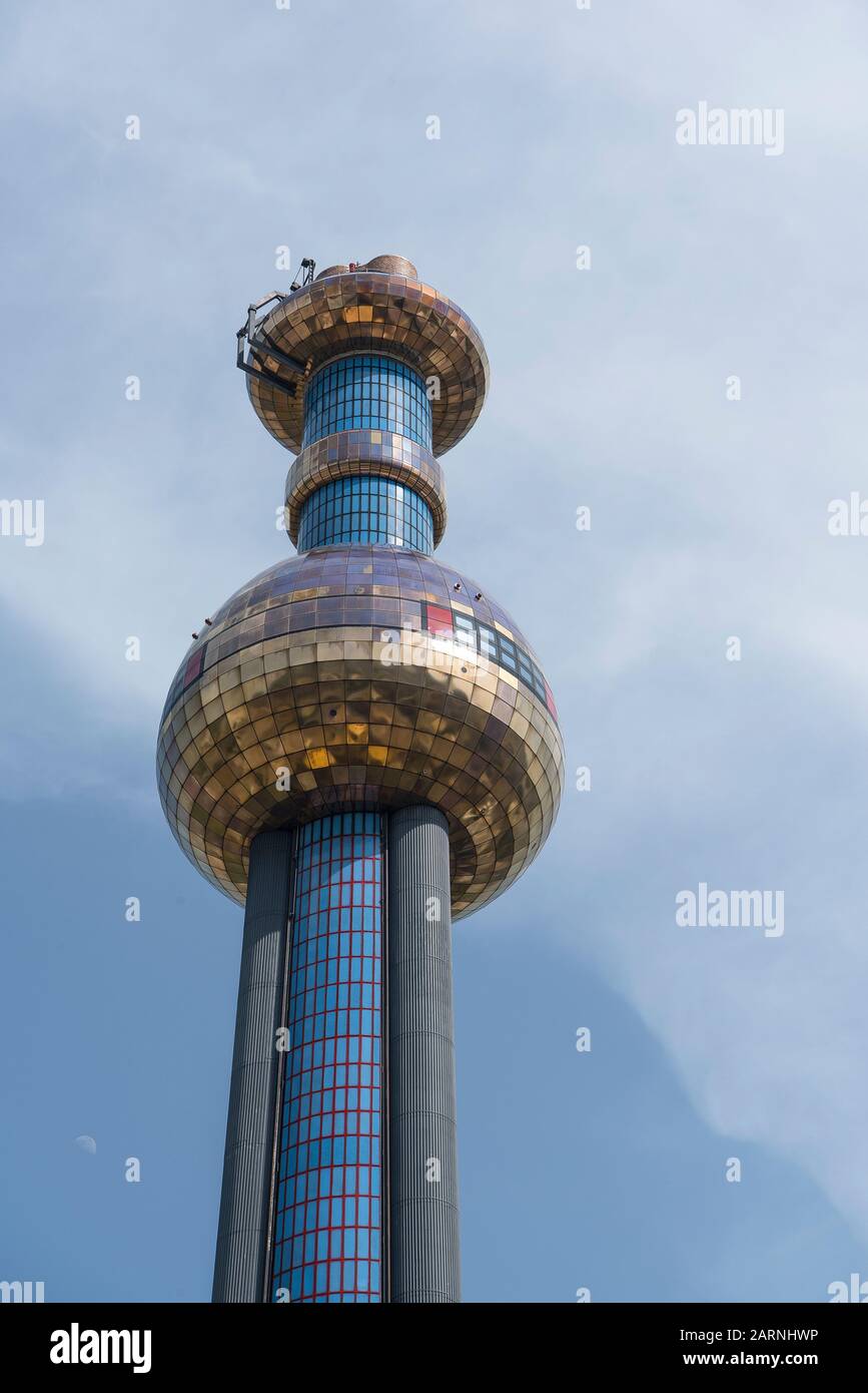 Vienna, Austria - June 10, 2019; Detail of the tower of Spittelau a waste incinerator plant designed by the painter and architect, Friedensreich Hunde Stock Photo