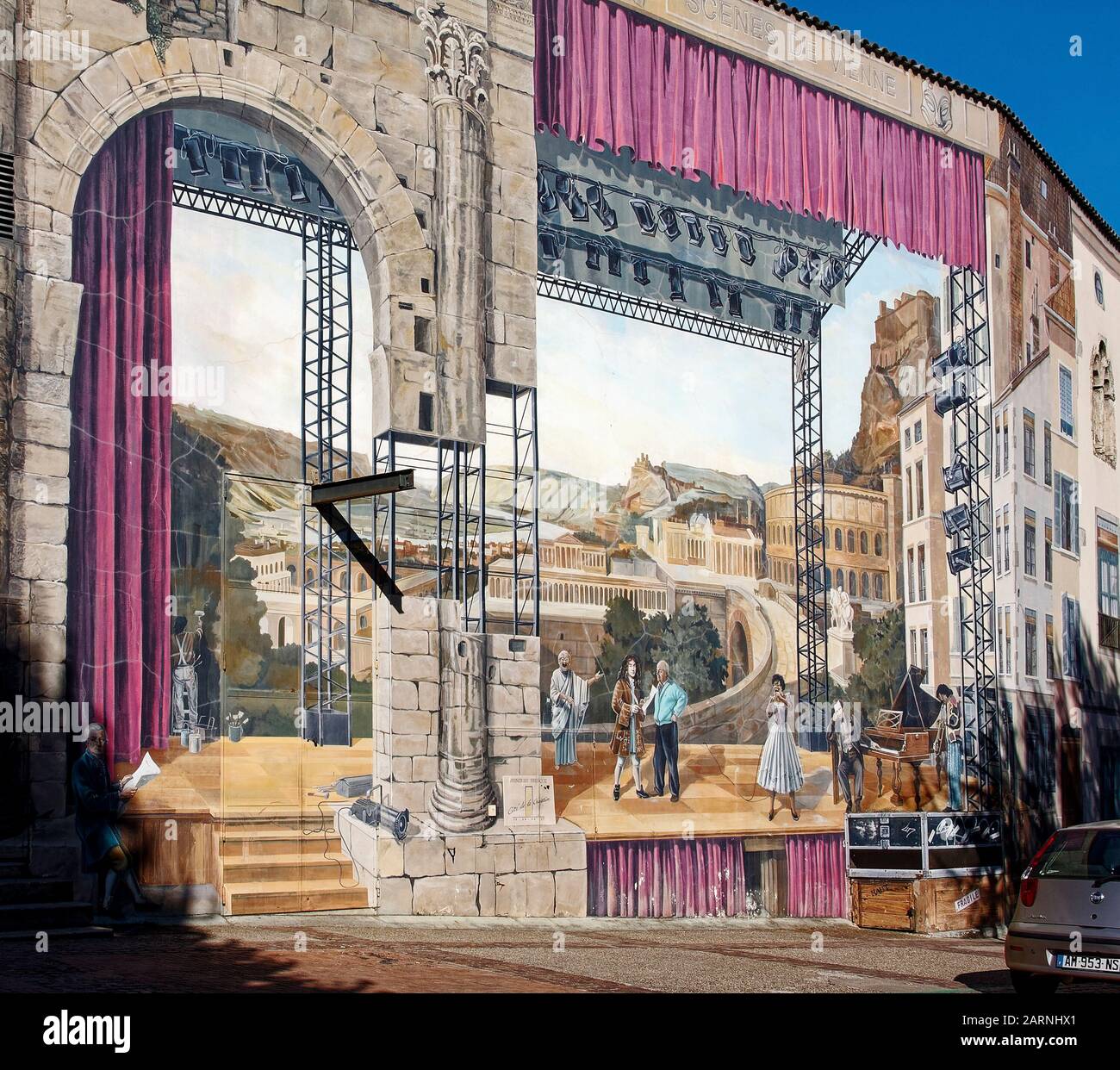 mural, theater stage scene, Trompe L'oeil painting, public art, Vienne, France, summer, horizontal Stock Photo