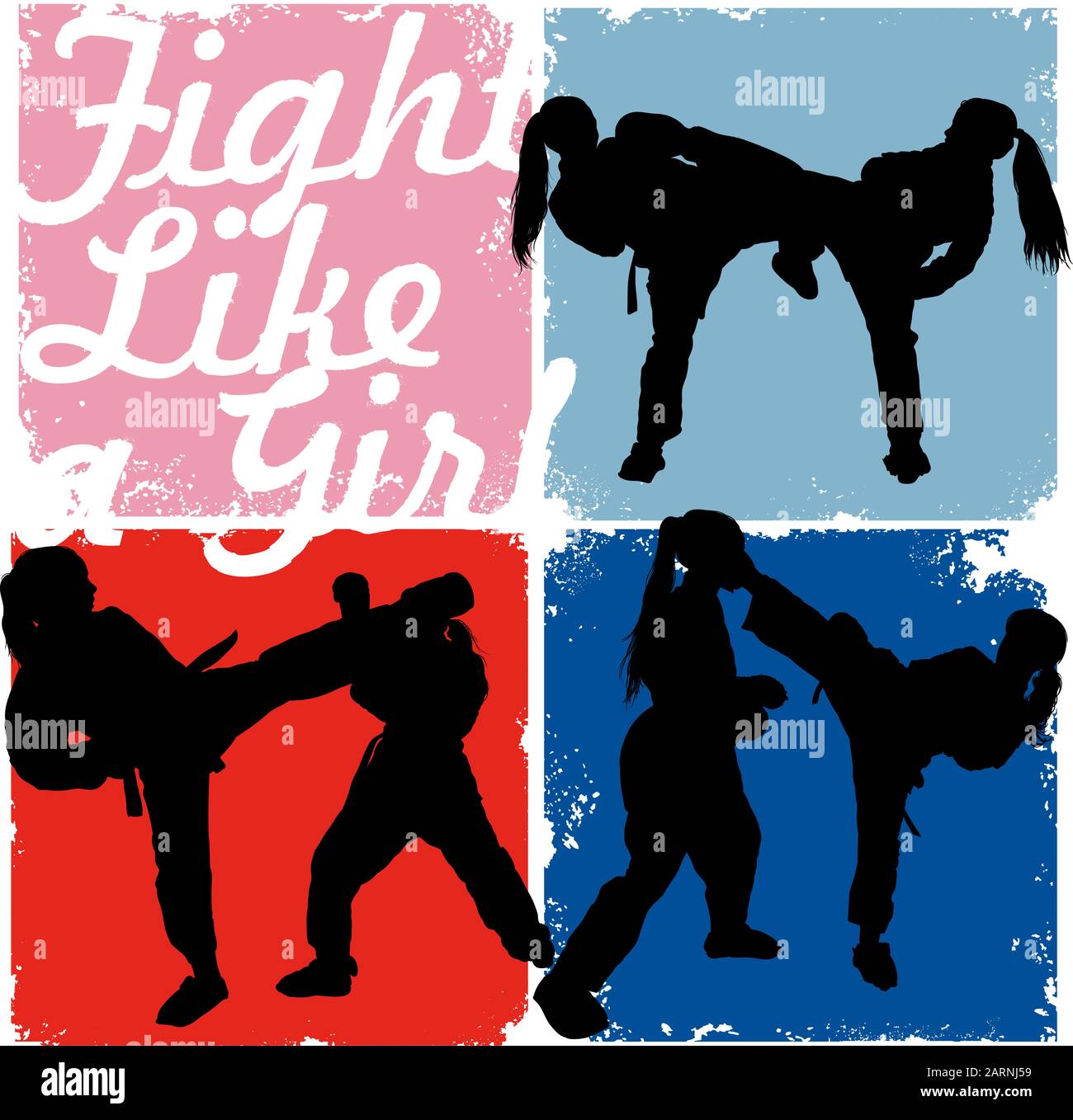 Karate girls professionally strike each other on a colored background and the inscription  fight like a girl Stock Vector