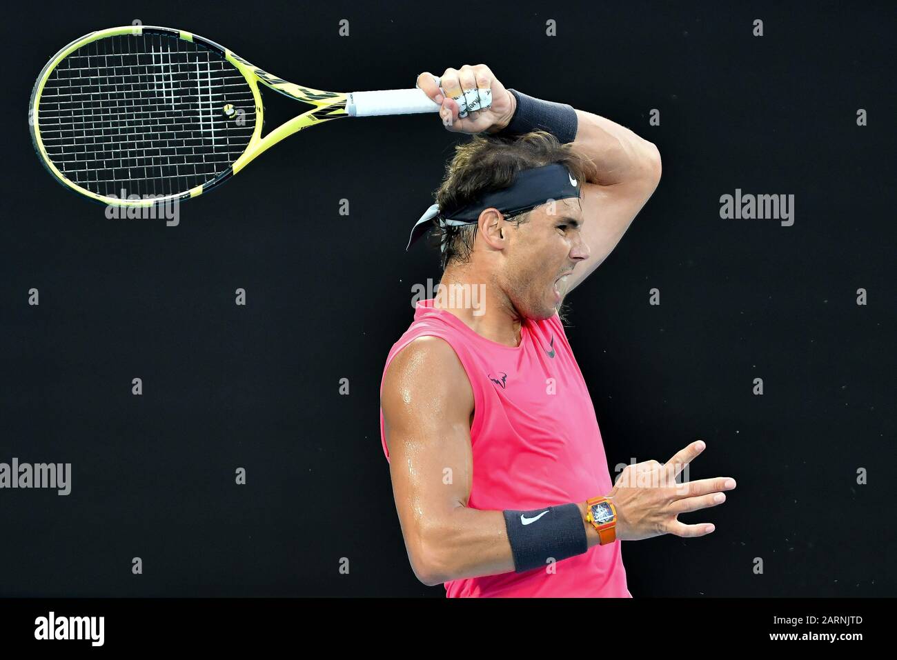 Melbourne, Australia. 29th Jan, 2020. 1st seed RAFAEL NADAL (ESP) in action against 5th seed DOMINIC THIEM (AUT) on Rod Laver Arena in a Men's Singles Quarterfinals match on day 10 of the Australian Open 2020 in Melbourne, Australia. Sydney Low/Cal Sport Media/Alamy Live News Stock Photo