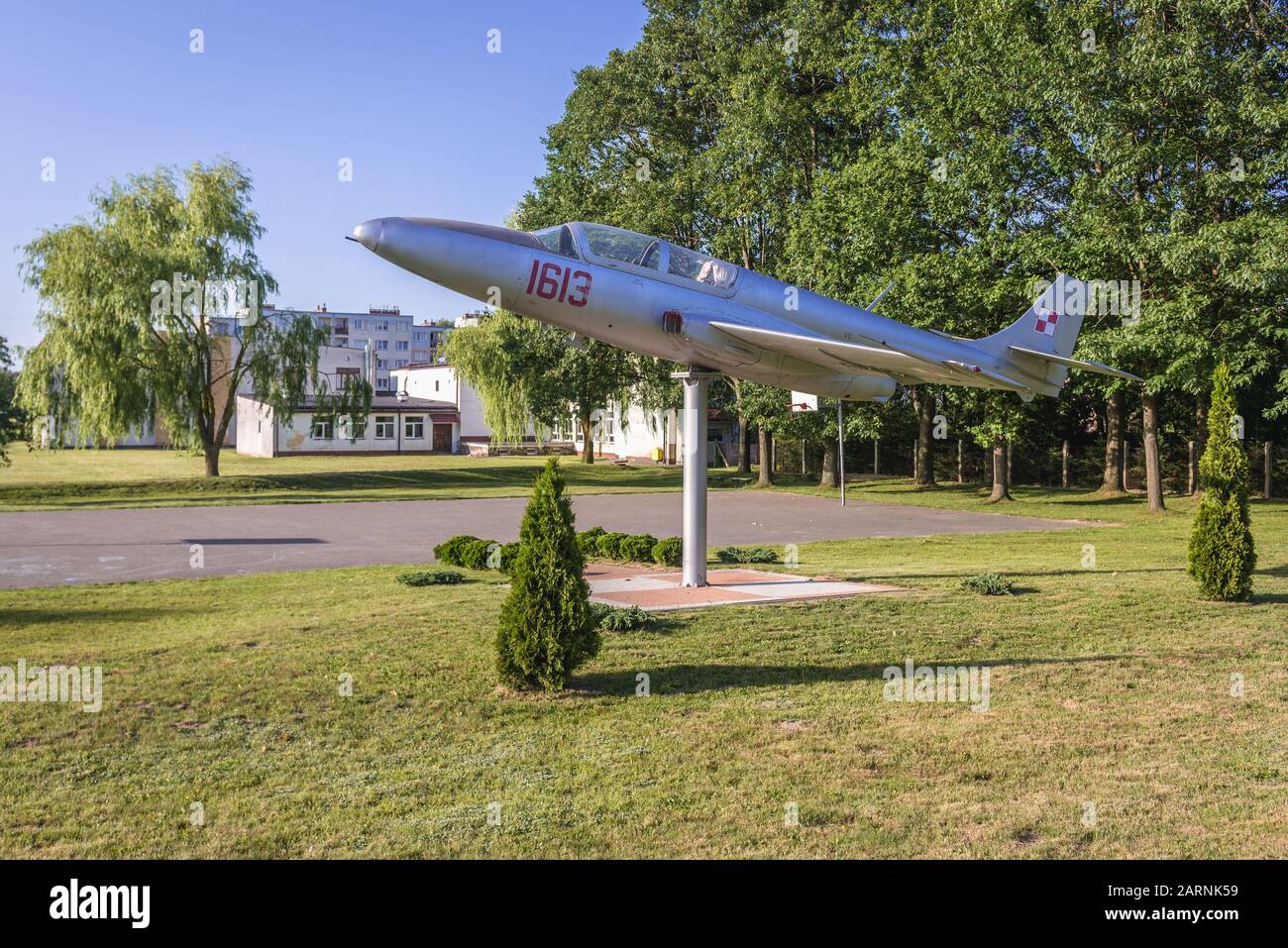 PZL TS-11 Iskra next to primary School in Swidwin, capital of Swidwin County in West Pomeranian Voivodeship of northwestern Poland Stock Photo