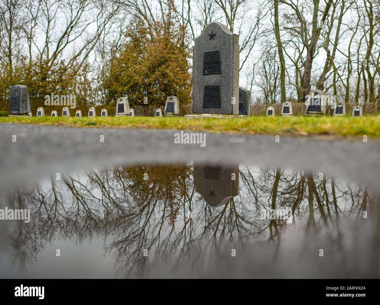 Seelow, Germany. 29th Jan, 2020. Grave and memorial stones are reflected in a puddle on the grounds of the Seelower Höhen memorial site. Shortly before the end of the Second World War, tens of thousands of soldiers and civilians died in the Battle of Seelower Heights east of Berlin in the largest battle of the Second World War on German soil. Credit: Patrick Pleul/dpa-Zentralbild/ZB/dpa/Alamy Live News Stock Photo