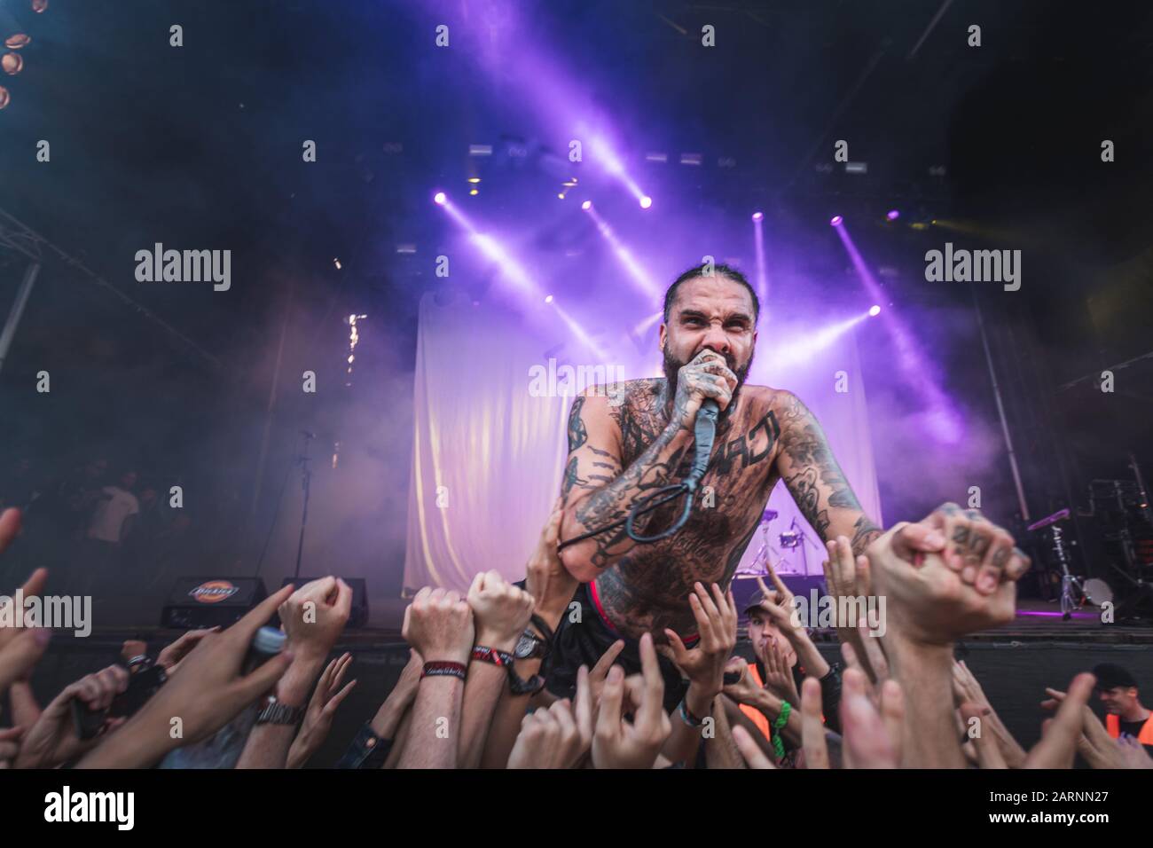Copenhagen, Denmark. 20th, June 2019. The American rock metal group Fever 333 performs a live concert during the Danish heavy metal festival Copenhell 2019 in Copenhagen. Here vocalist Jason Aalon Butler is seen with the crowds. (Photo credit: Gonzales Photo - Christian Larsen). Stock Photo