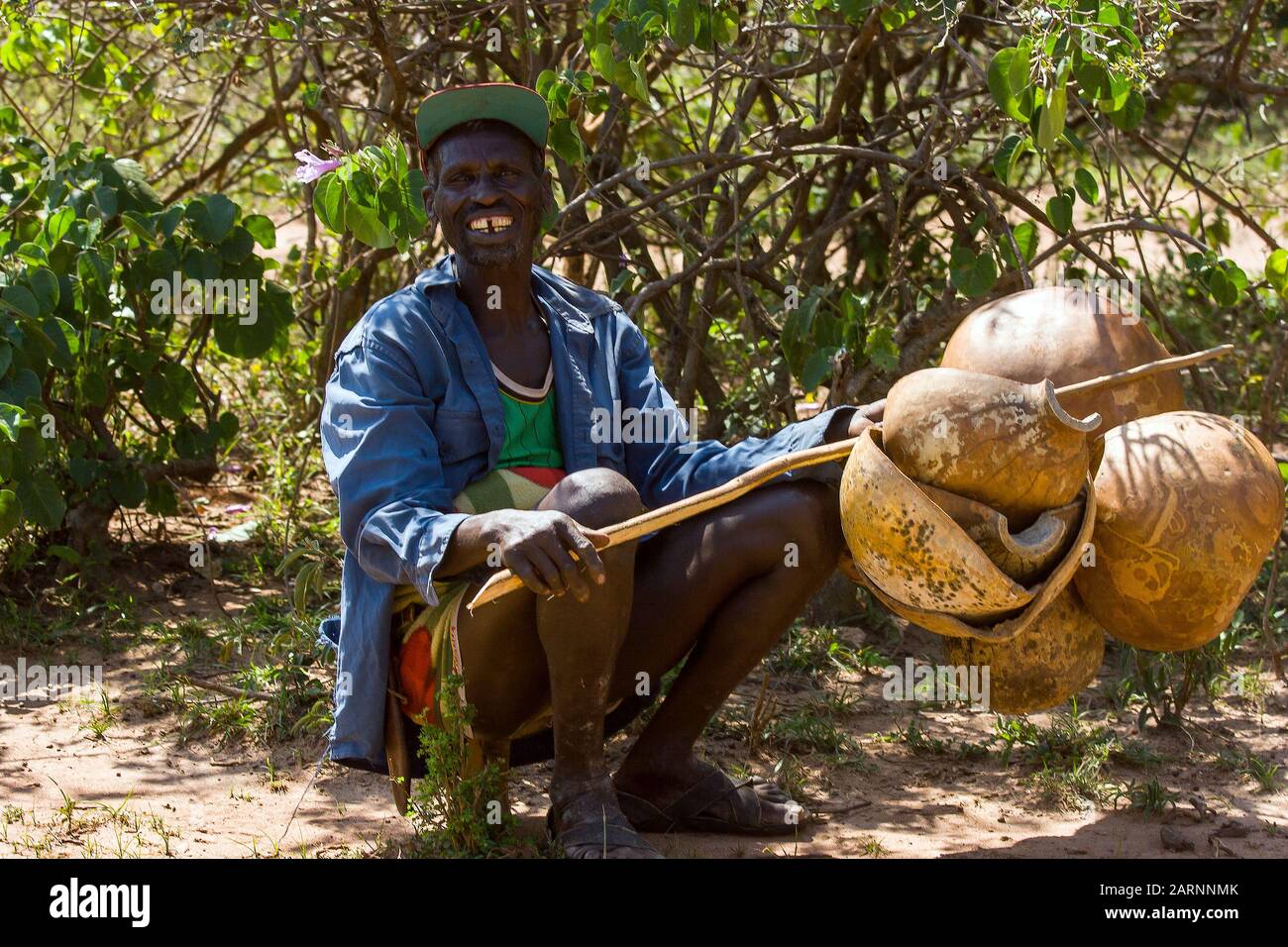 Old  Hamer man having rest, photographed near the town of Key Afar, Omo river valley, Ethiopia. Stock Photo