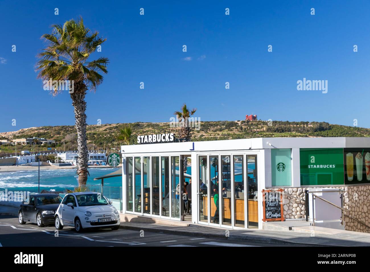 Mellieha, Malta January, 2020 Starbucks coffeehouse chain shop