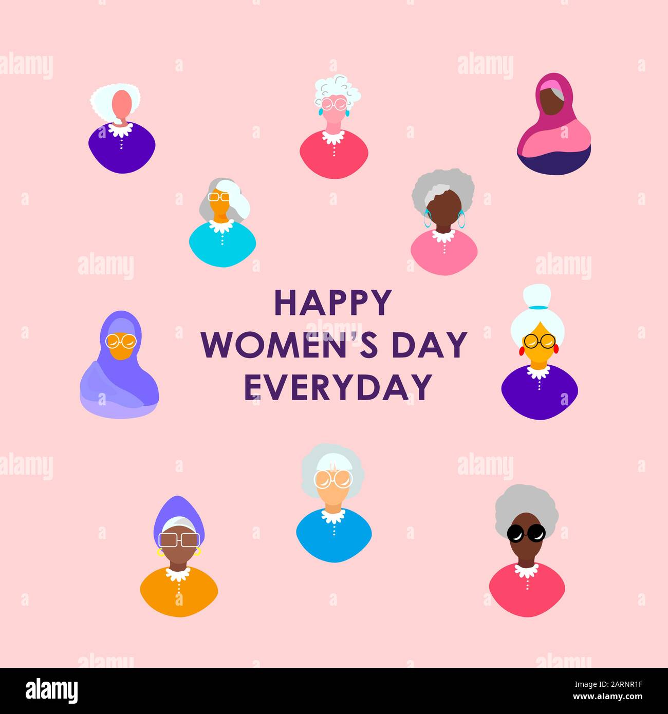 Happy International Woman Day Congratulation.Feminism concept.Different Nationality,Religions Elderly Pensioner Ladies.Feminine Empowerment Stock Vector
