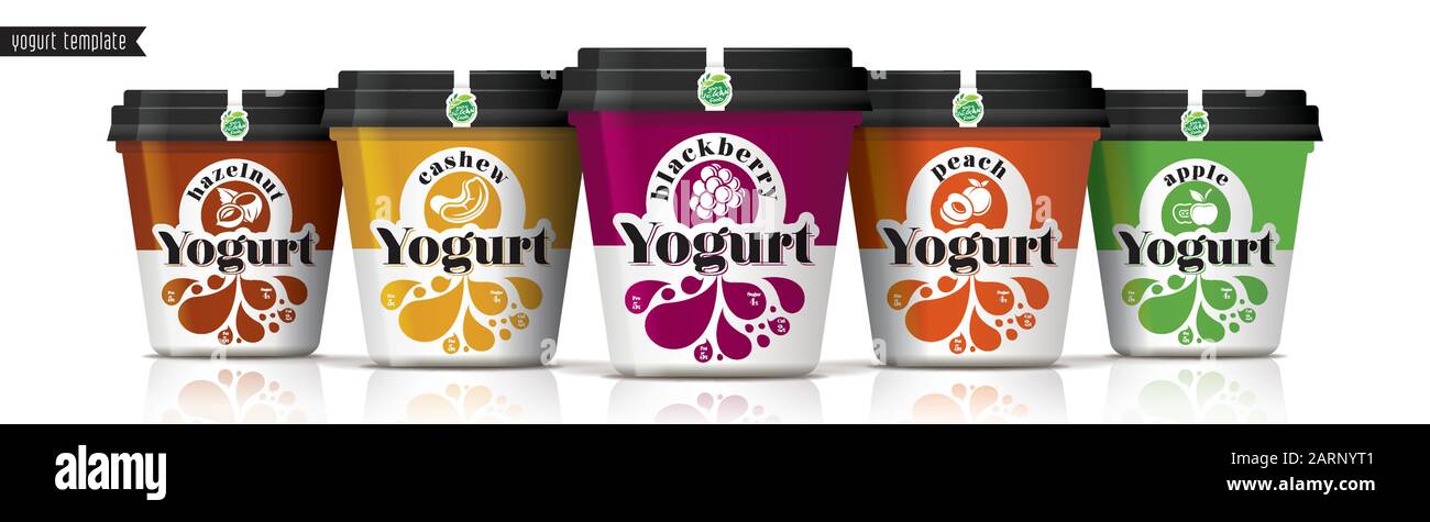 Yogurt vector packaging design. Fruit and nuts yogurt set. Stock Vector